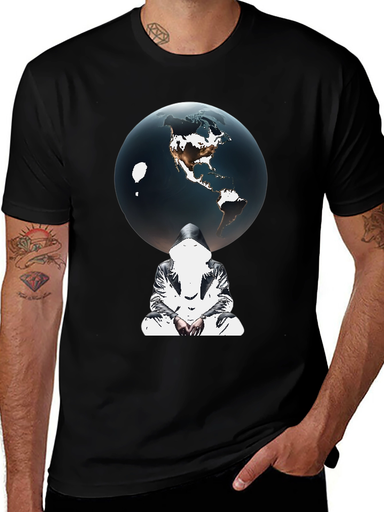 Earth Globe Graphic Print Black T-Shirt