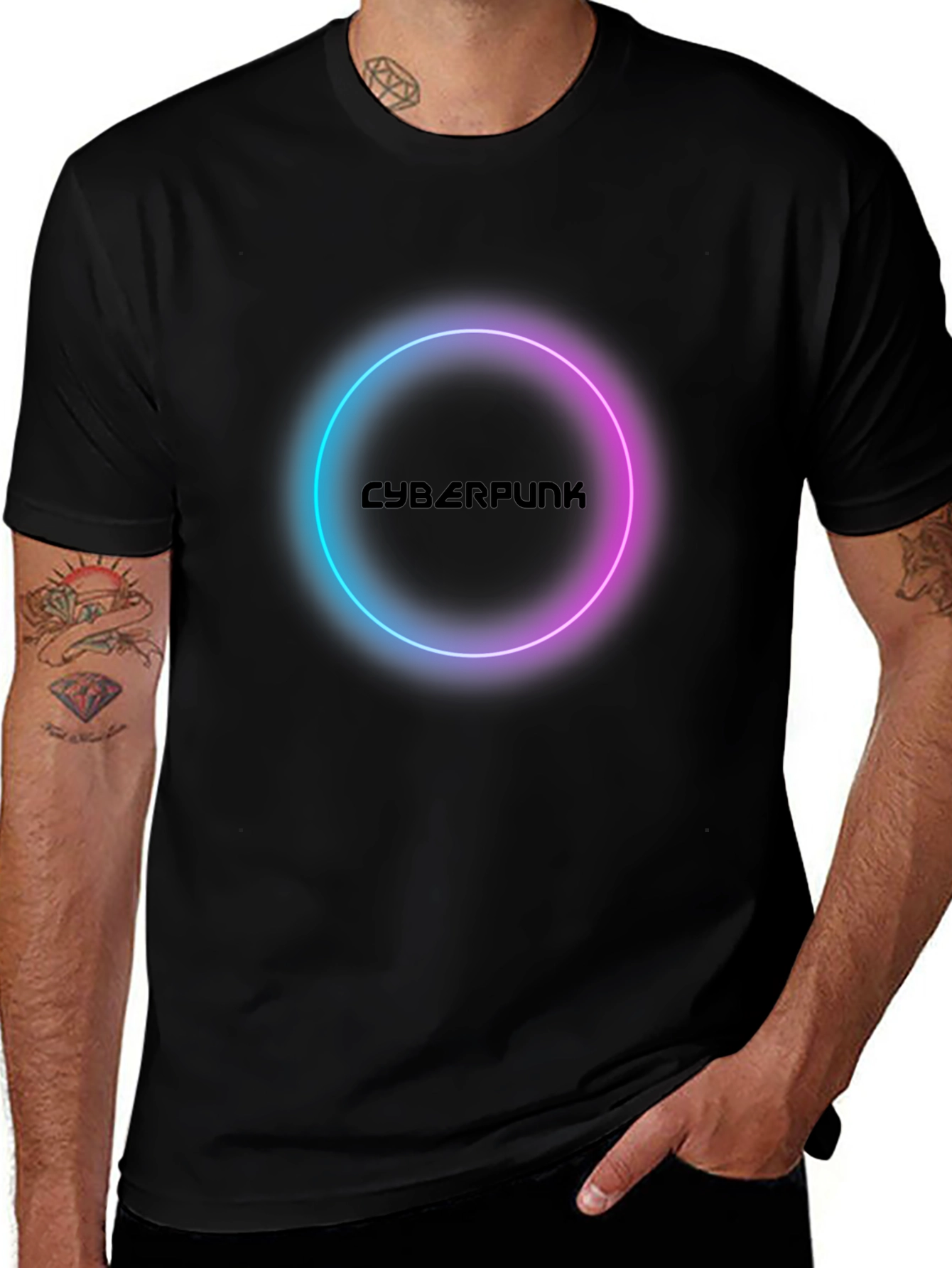 Variant 16 of Cyberpunk Neon Circle Graphic Tee - Black