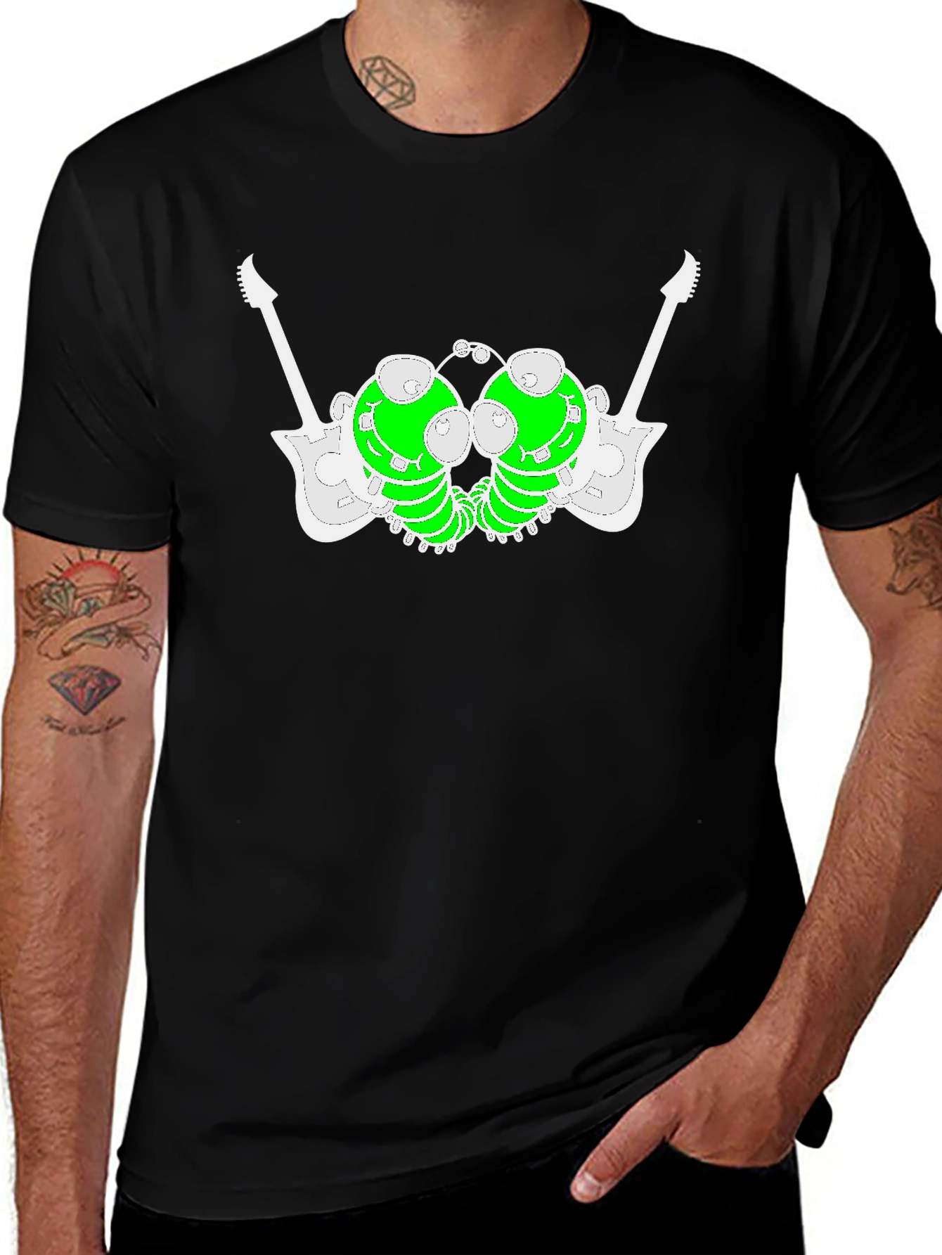 Variant 17 of Unique Graphic Tee: Guitar-Caterpillar Design