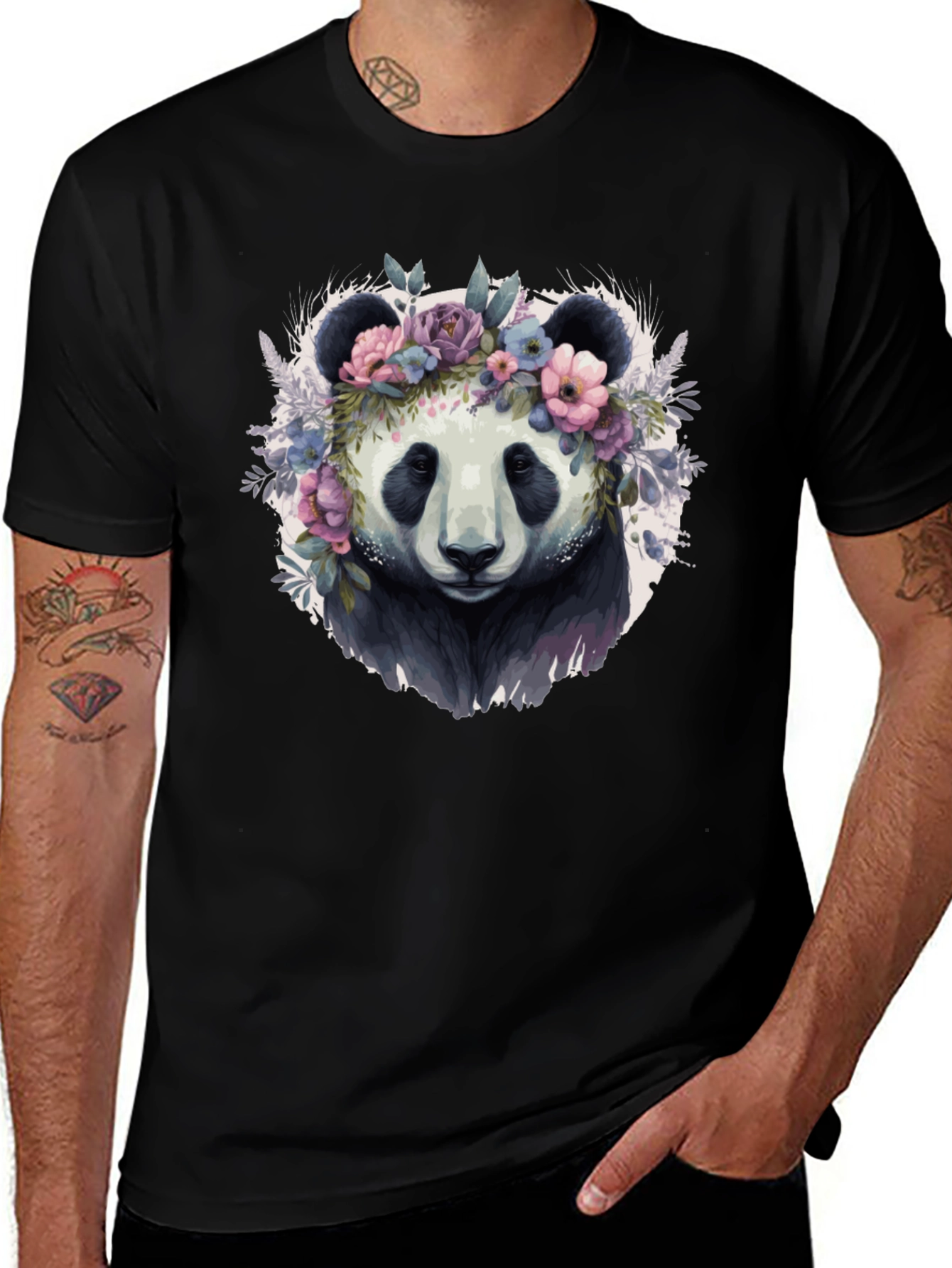 Variant 25 of Panda Floral Crown Black T-Shirt - Men's Graphic Tee