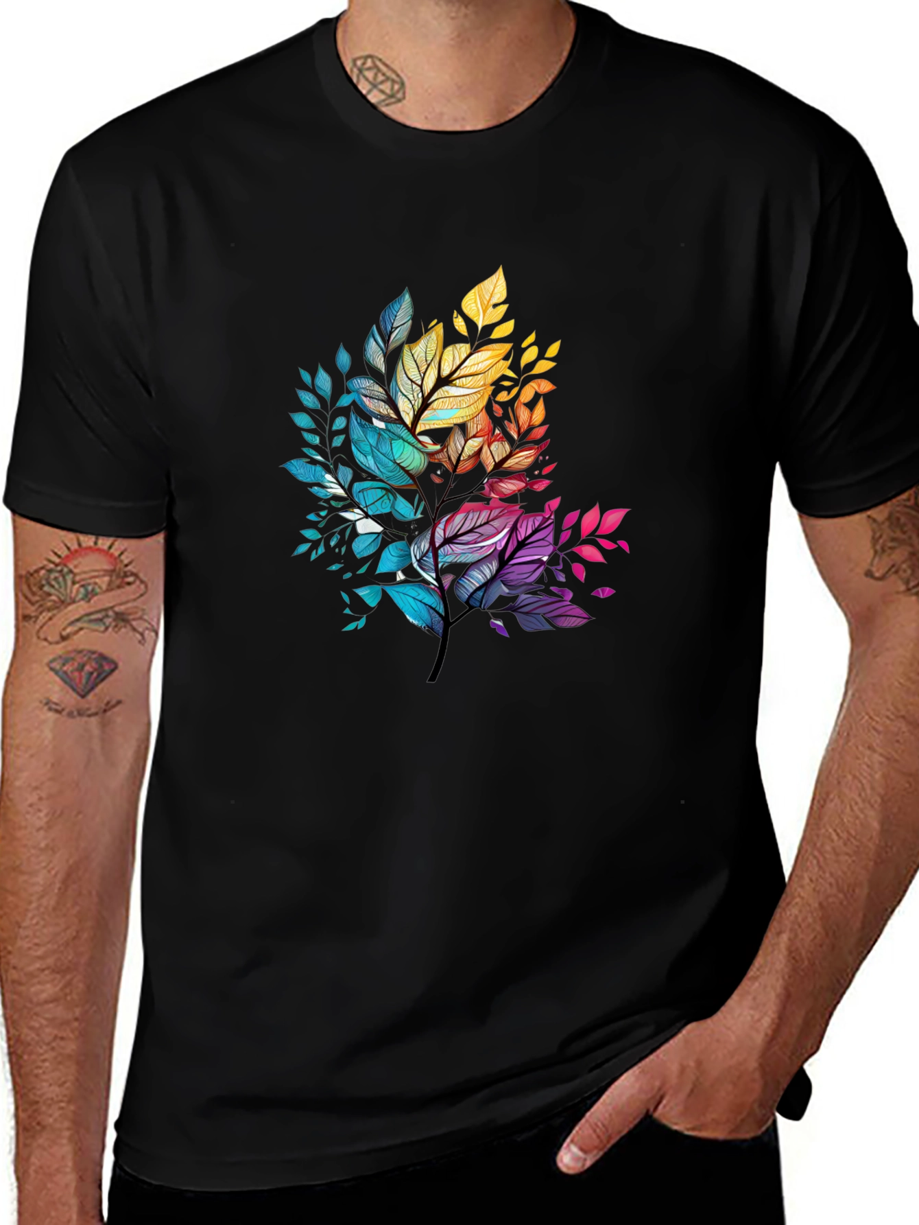 Colorful Leaf Tree Black T-Shirt
