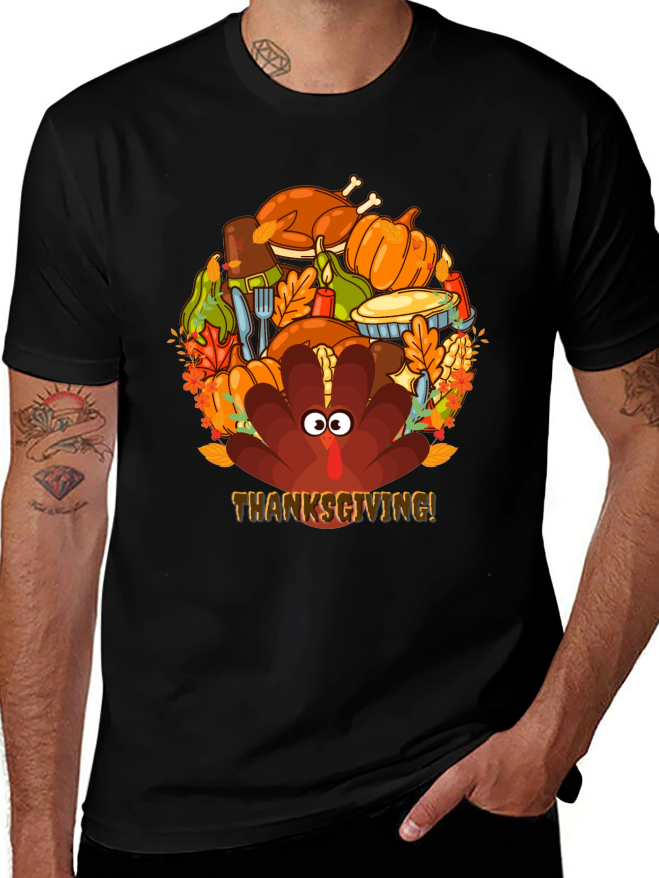 Thanksgiving Turkey Feast Graphic Tee - Men's Black T-Shirt
