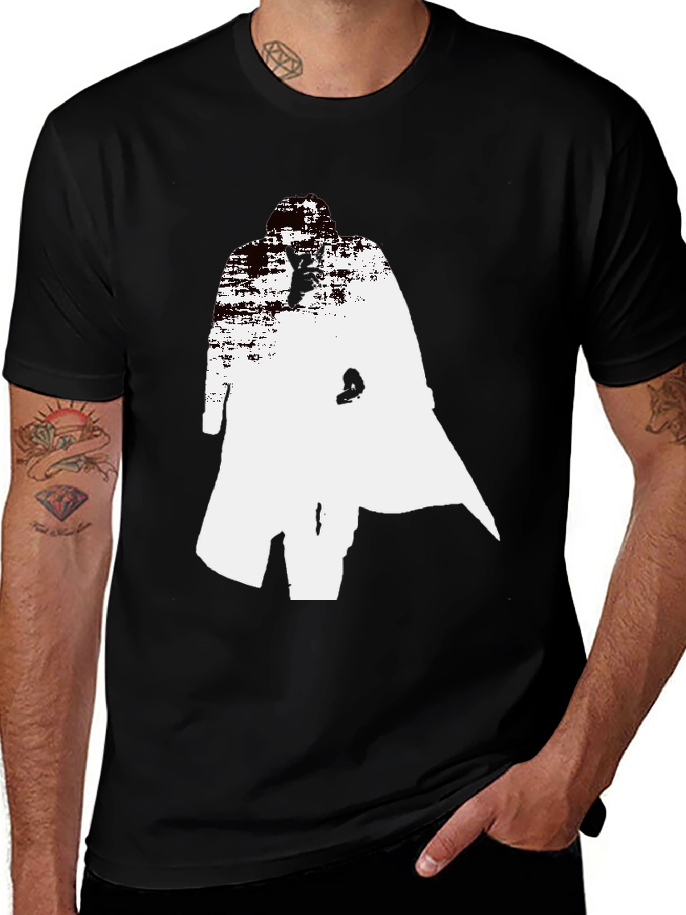 Variant 16 of Abstract Trench Coat Graphic Tee - Stylish Black T-Shirt
