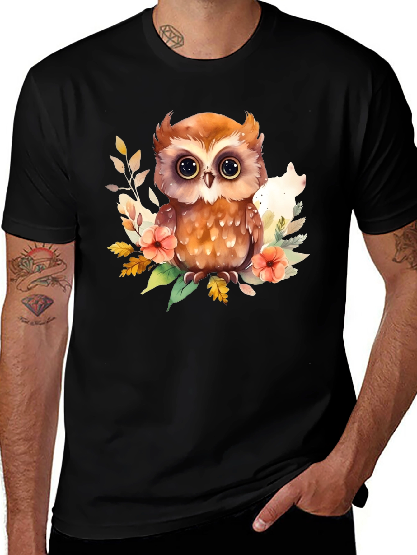 Variant 16 of Owl Floral Graphic Black T-Shirt