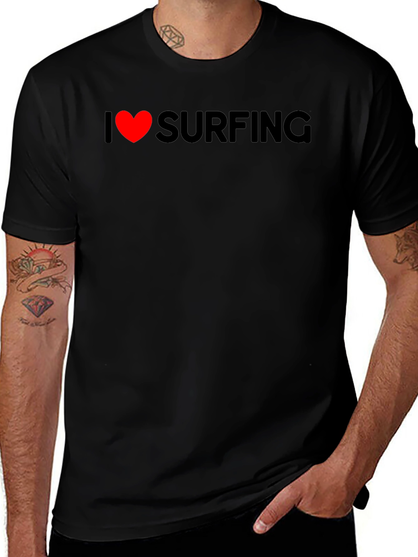 Variant 21 of I Love Surfing T-Shirt - Black Crew Neck Tee