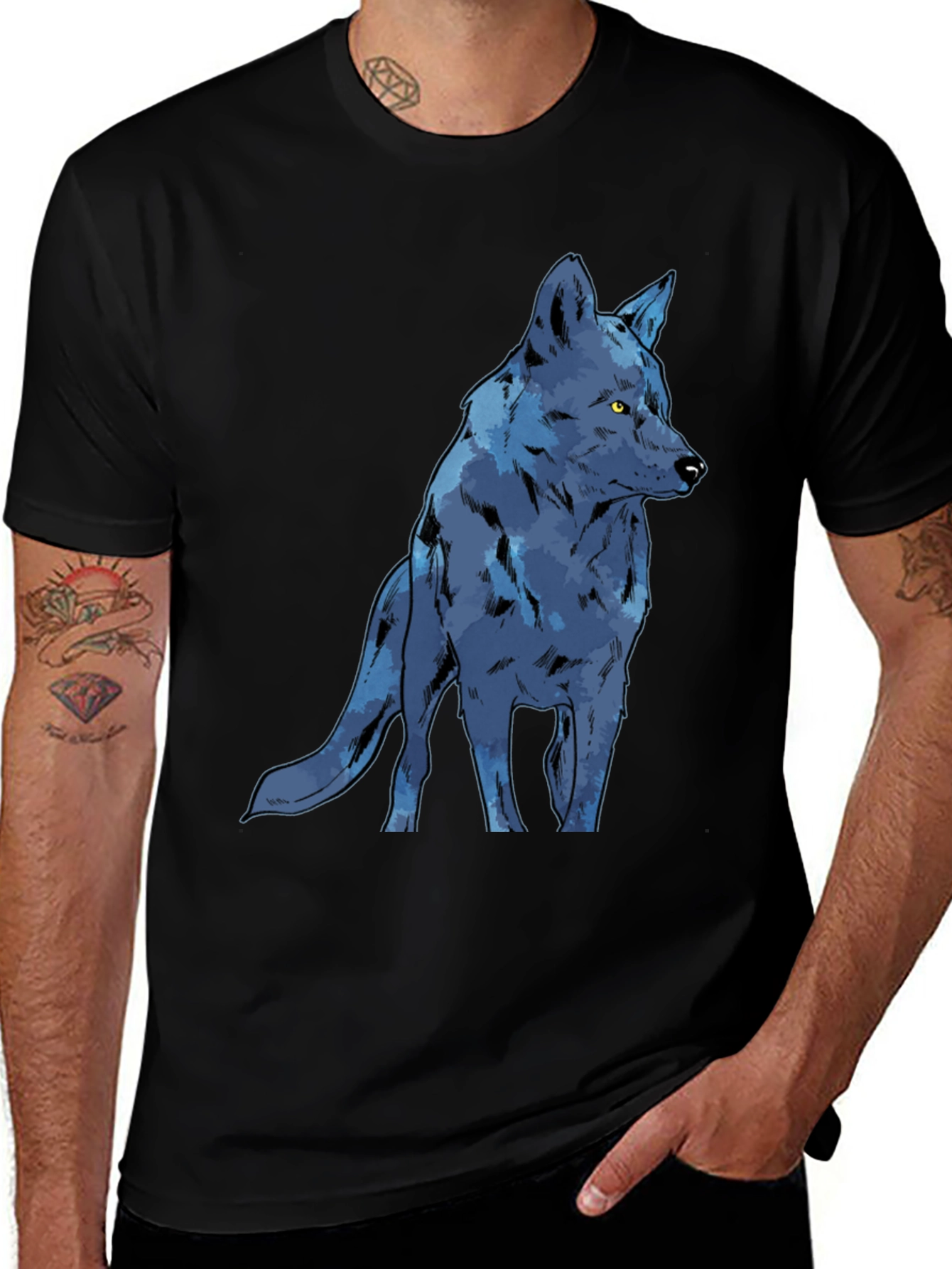 Variant 26 of Blue Wolf Graphic T-Shirt - Men's Black Crew Neck Tee