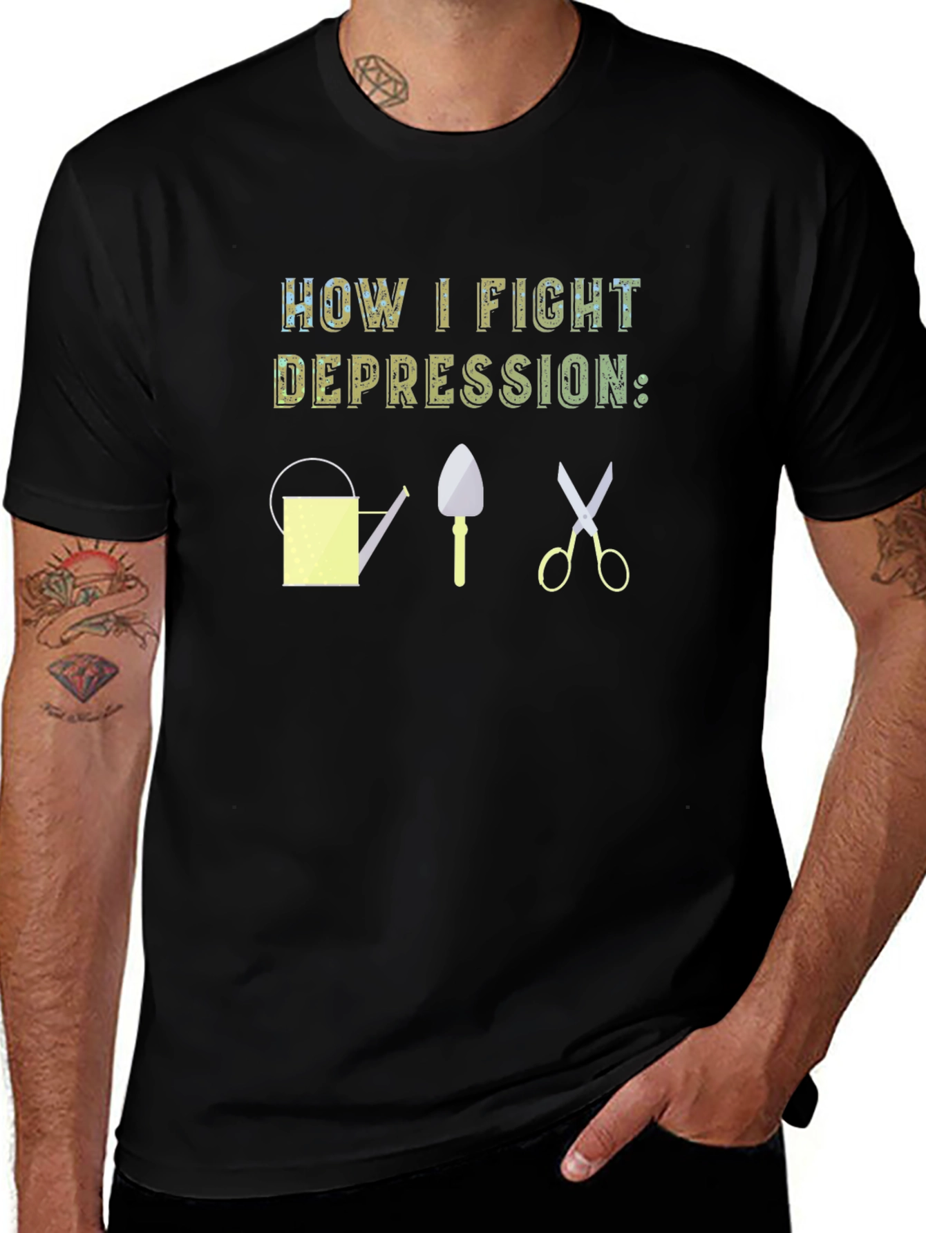 Black How I Fight Depression Gardening T-Shirt main image