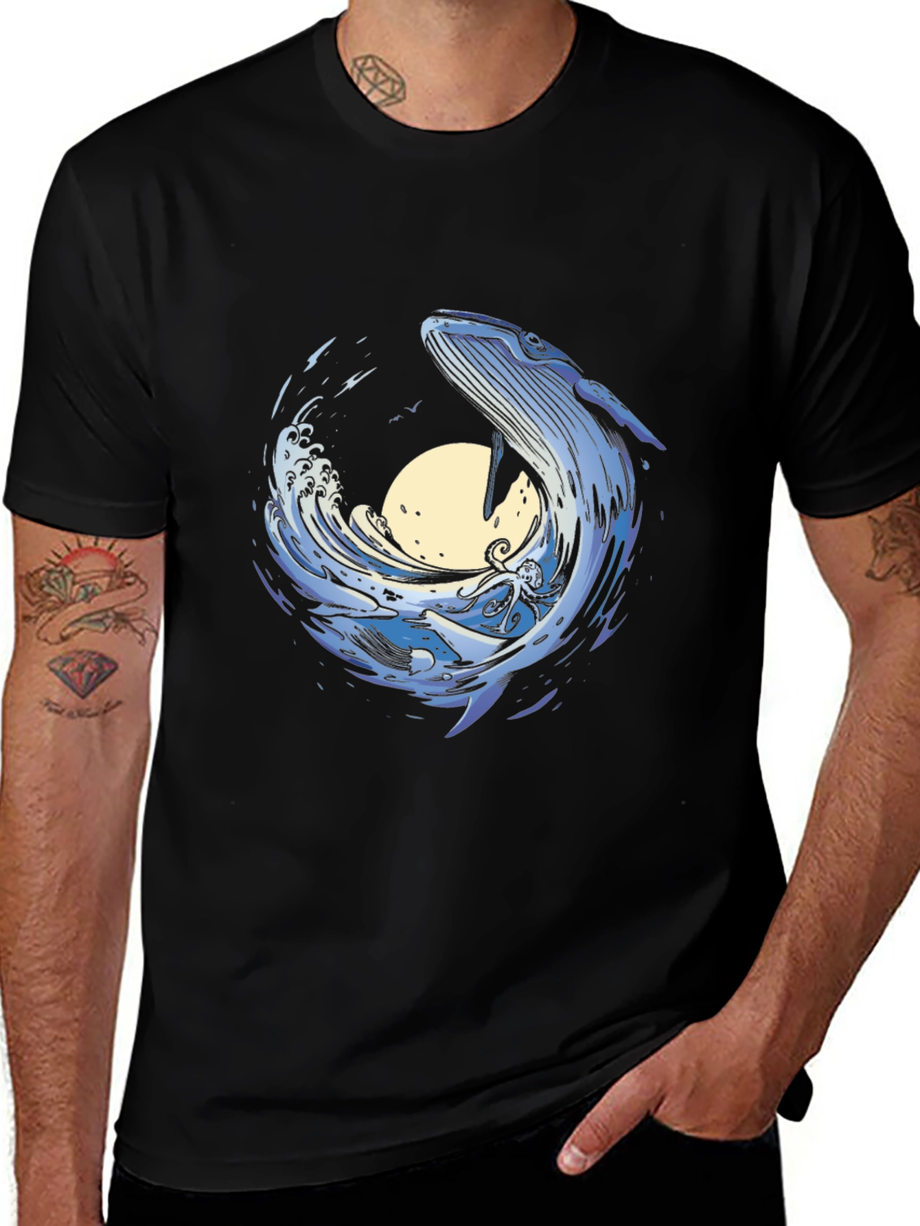 Variant 9 of Whale and Octopus Graphic Black T-Shirt