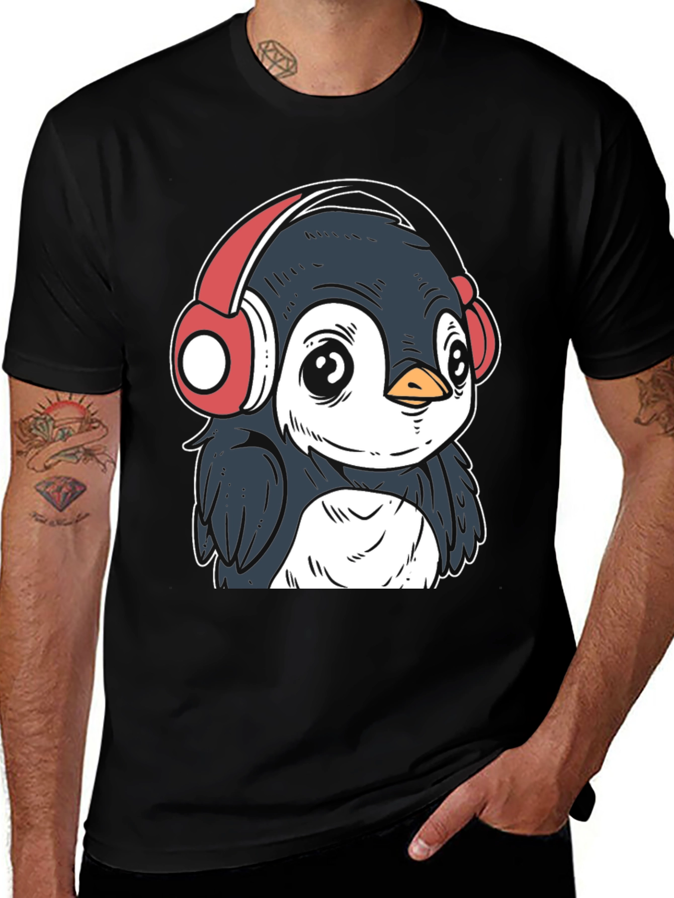 Variant 28 of Penguin Headphones Graphic Tee - Cool Black T-Shirt