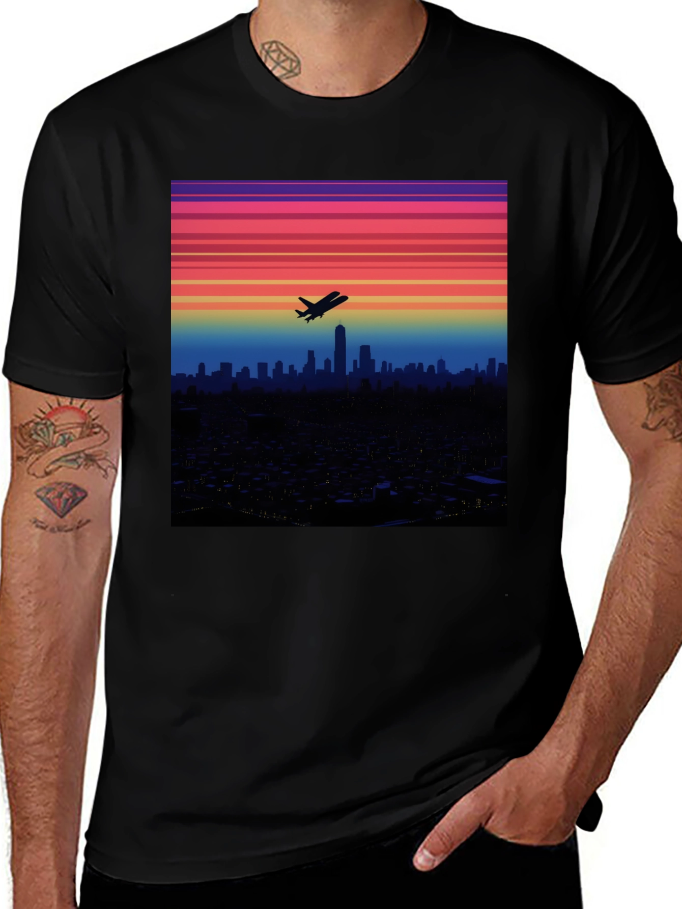 Variant 4 of Sunset Plane T-Shirt - City Skyline Design