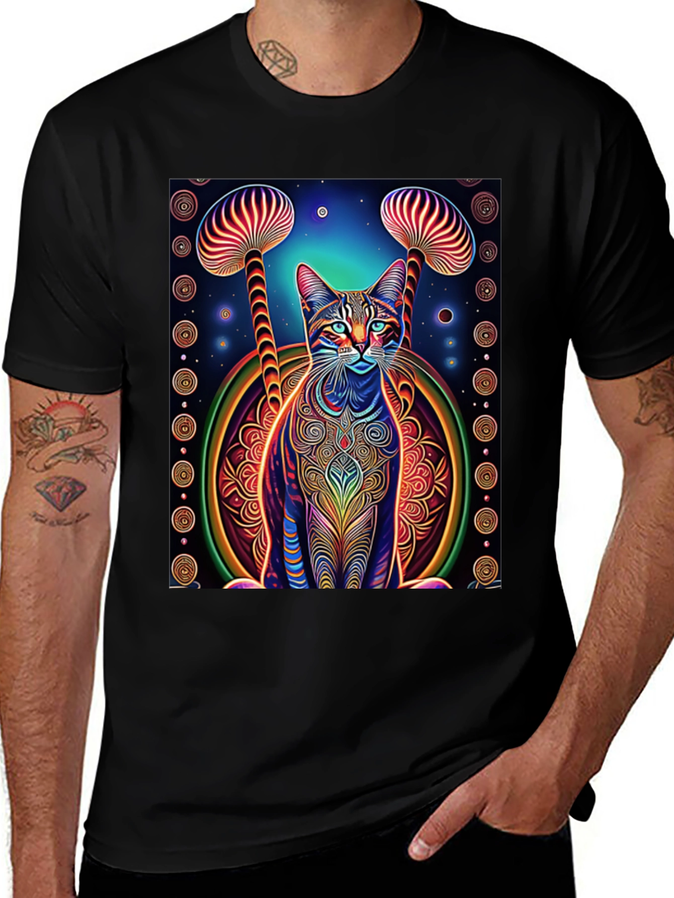 Variant 26 of Psychedelic Cat & Mushroom Print Tee - Unique Design!
