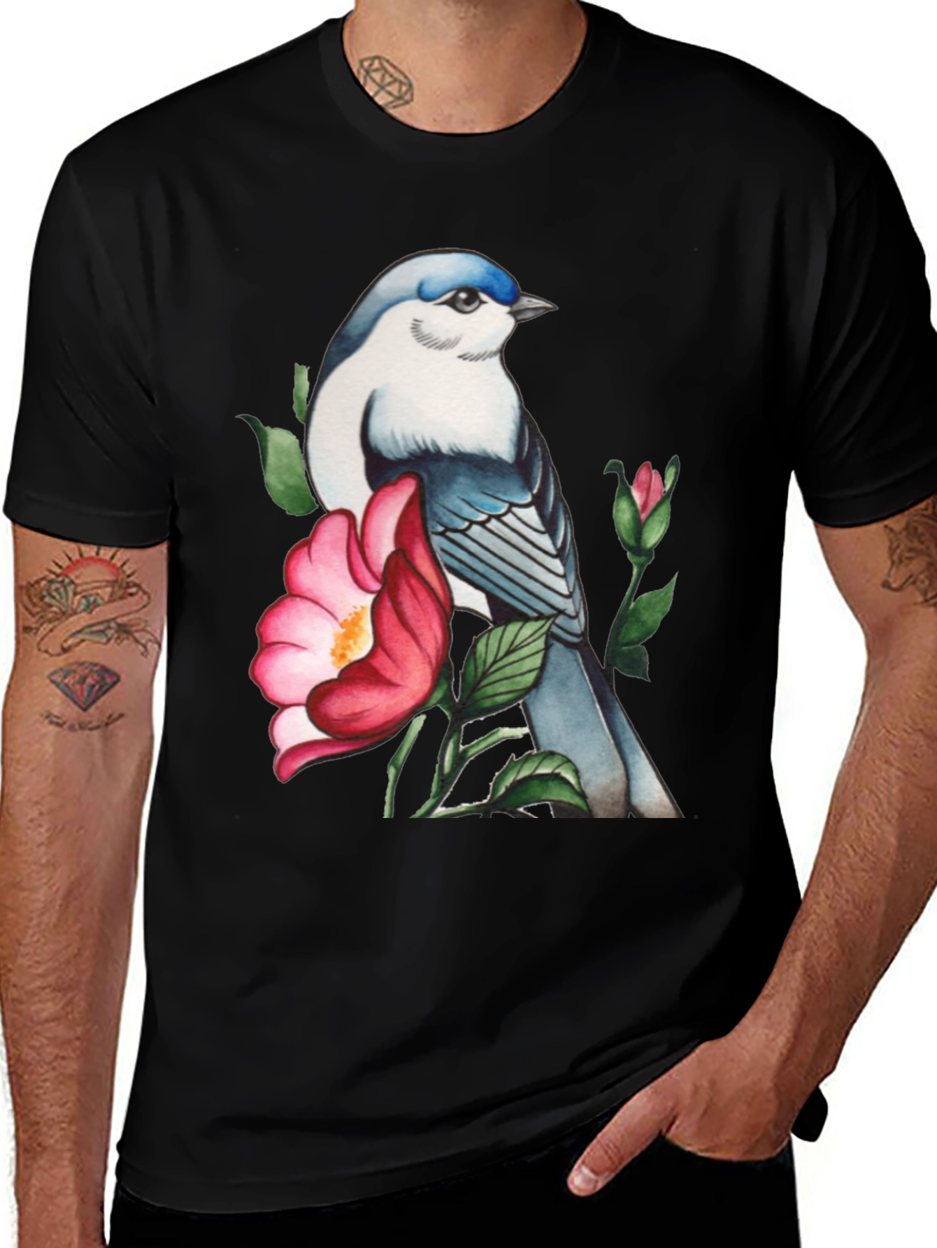 Black Bird and Blossom Graphic Tee - Stylish Nature Design main image