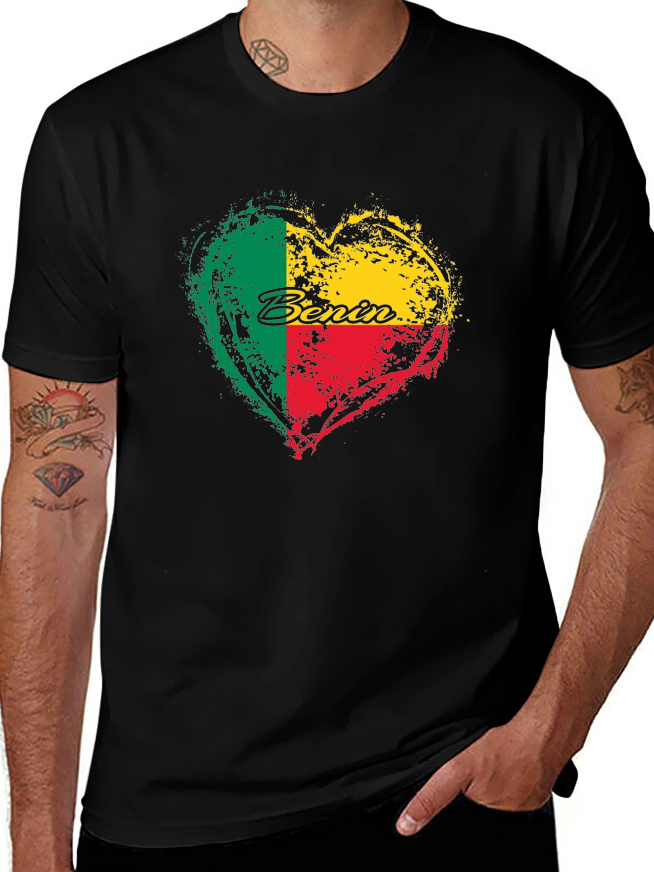 Variant 21 of Benin Flag Heart T-Shirt - Black Crew Neck Tee