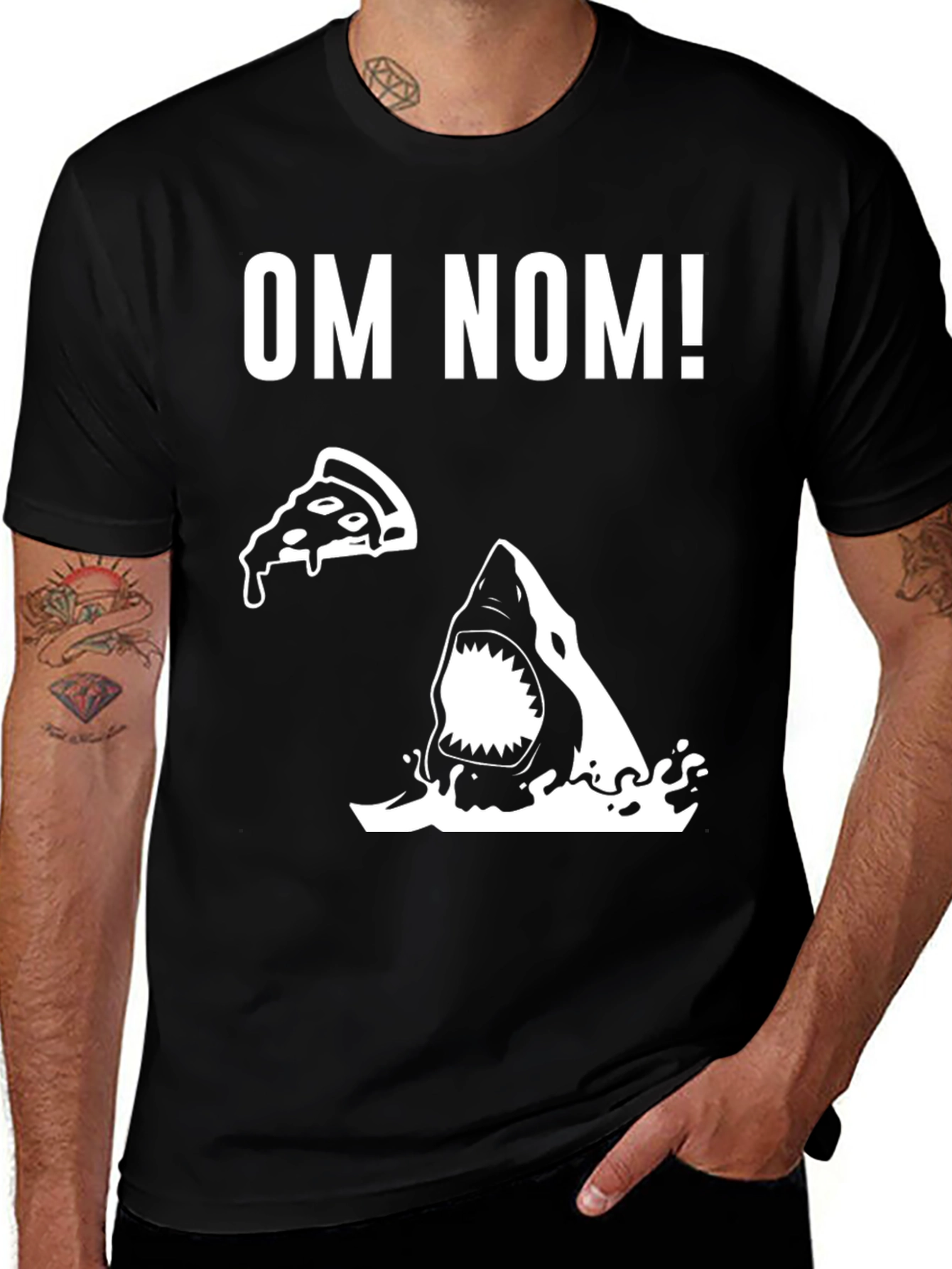Variant 14 of Om Nom Pizza Shark Graphic Tee - Black Cotton T-Shirt