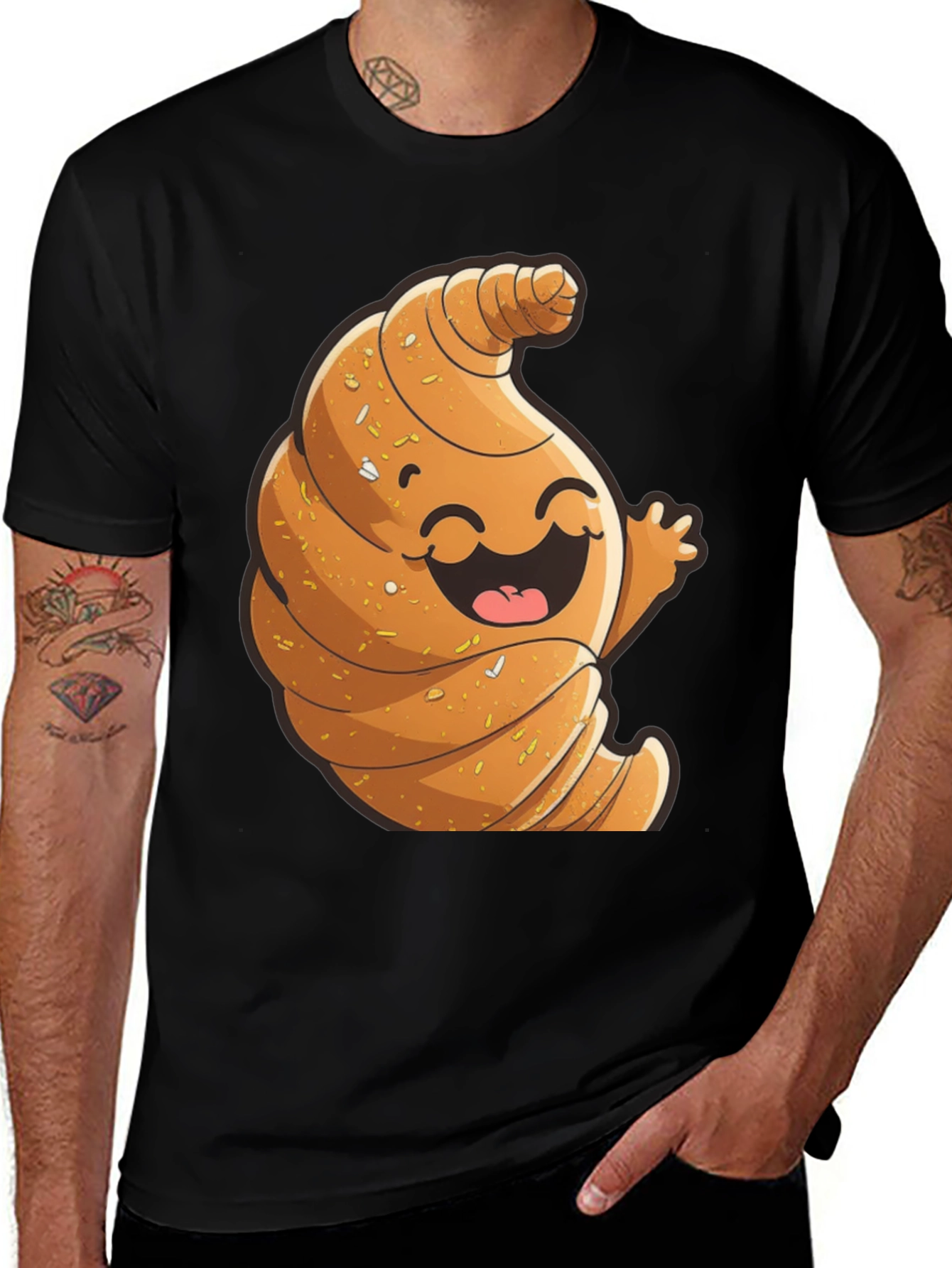 Variant 18 of Funny Croissant Cartoon Graphic Black T-Shirt