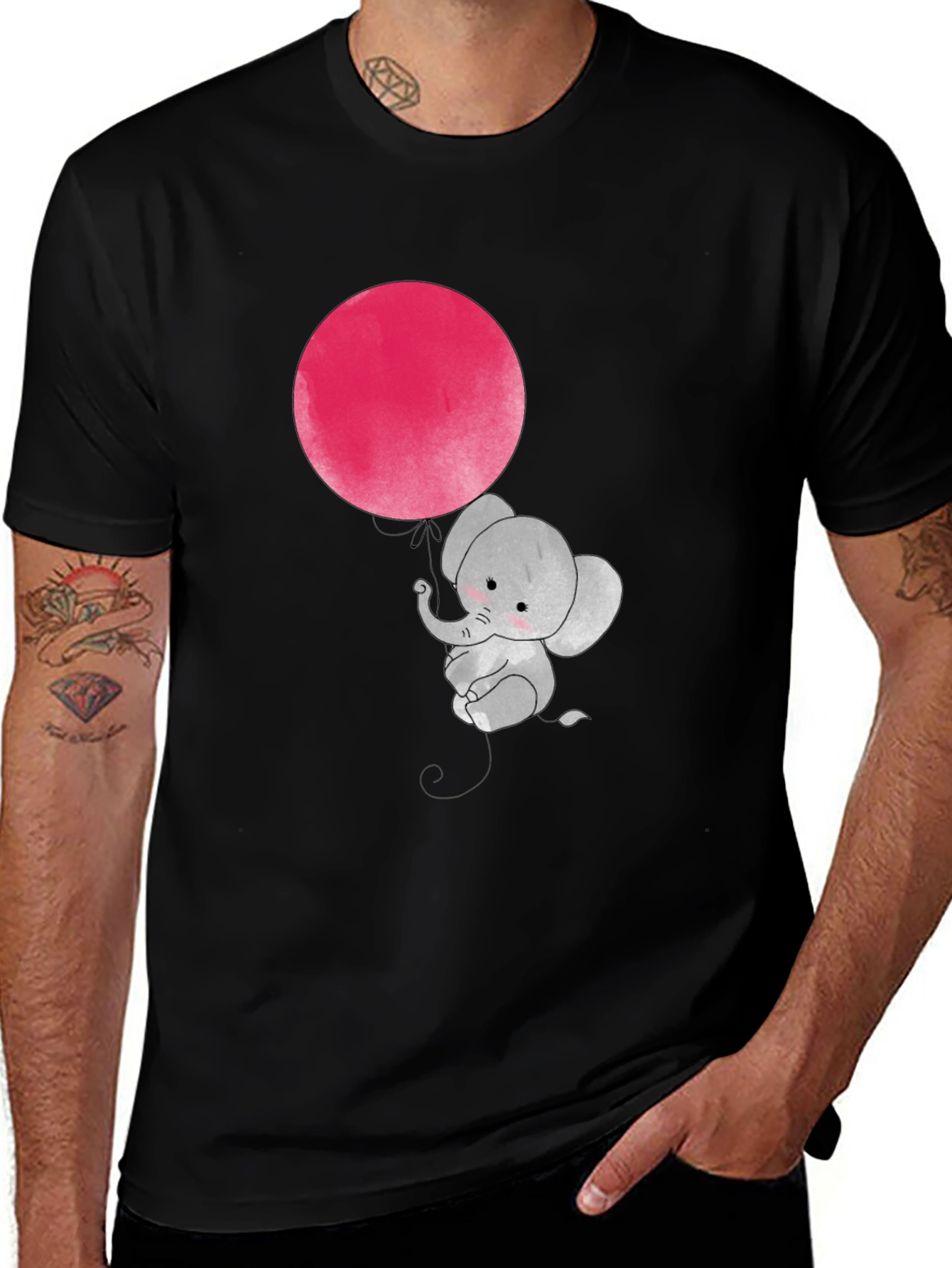 Black Cute Elephant with Balloon Graphic T-Shirt main image