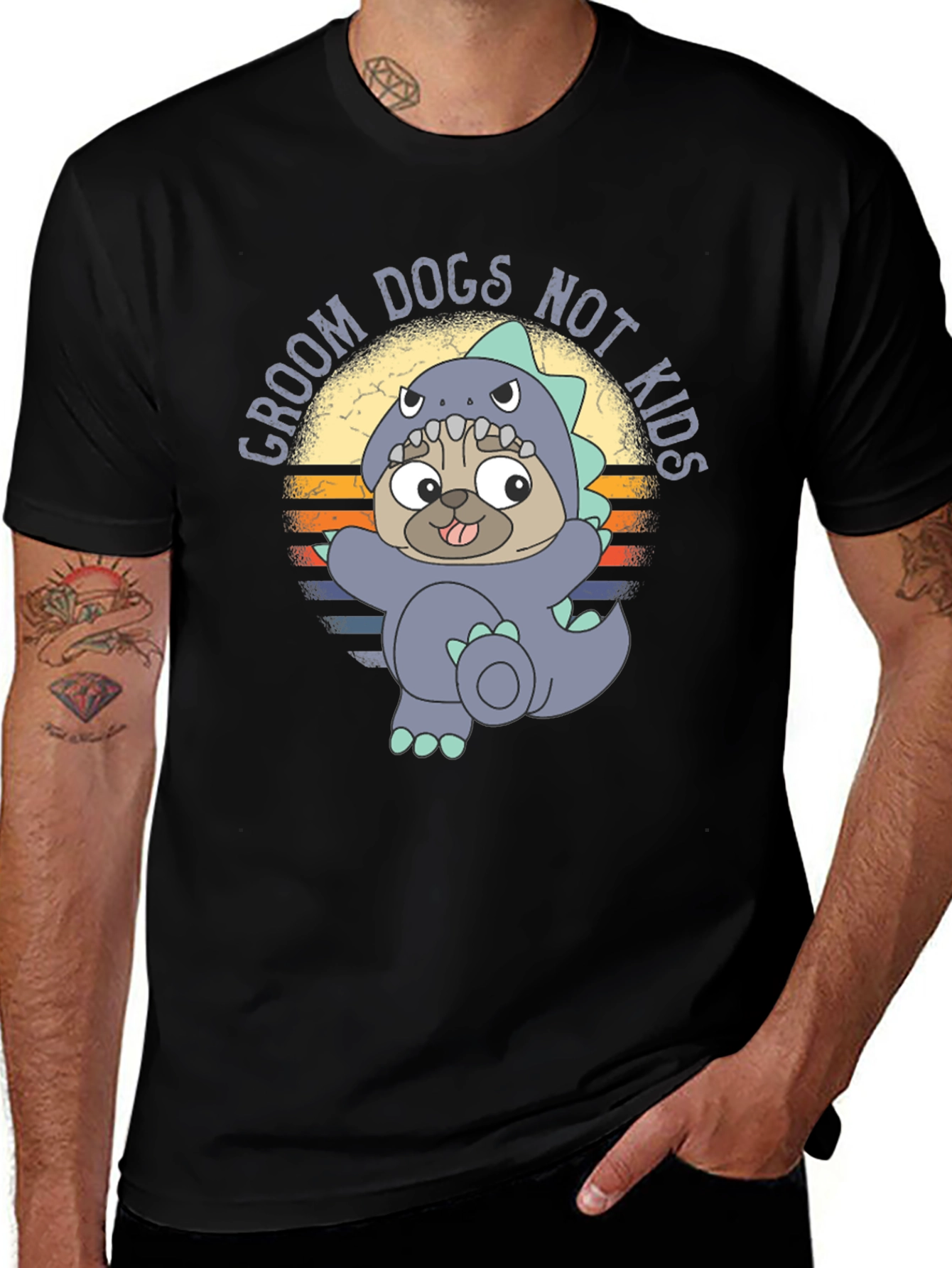 Groom Dogs Not Kids T-Shirt, Pug Dino Costume