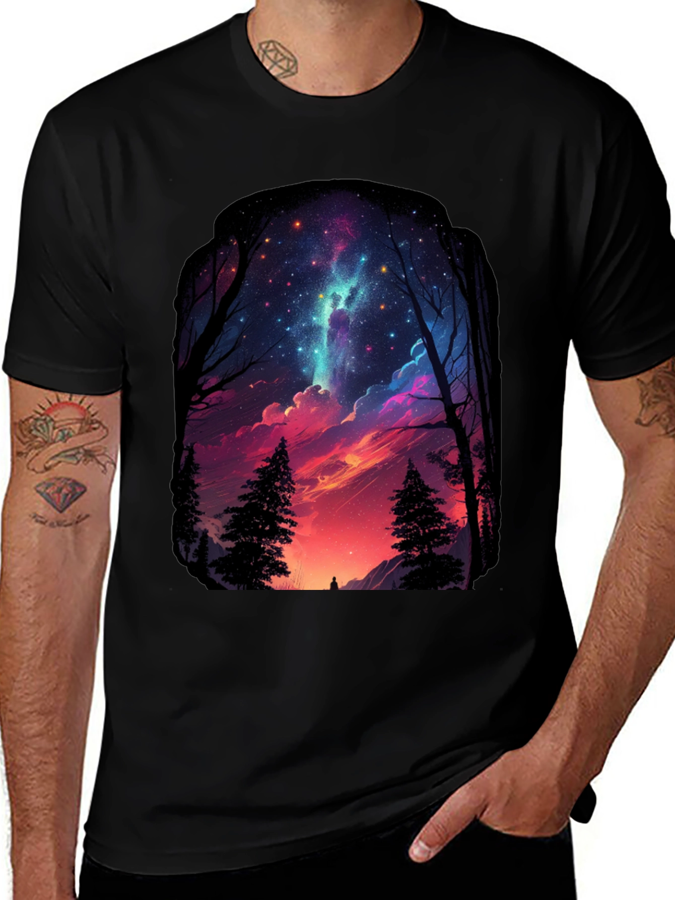 Variant 20 of Starry Night Forest Graphic Tee - Black