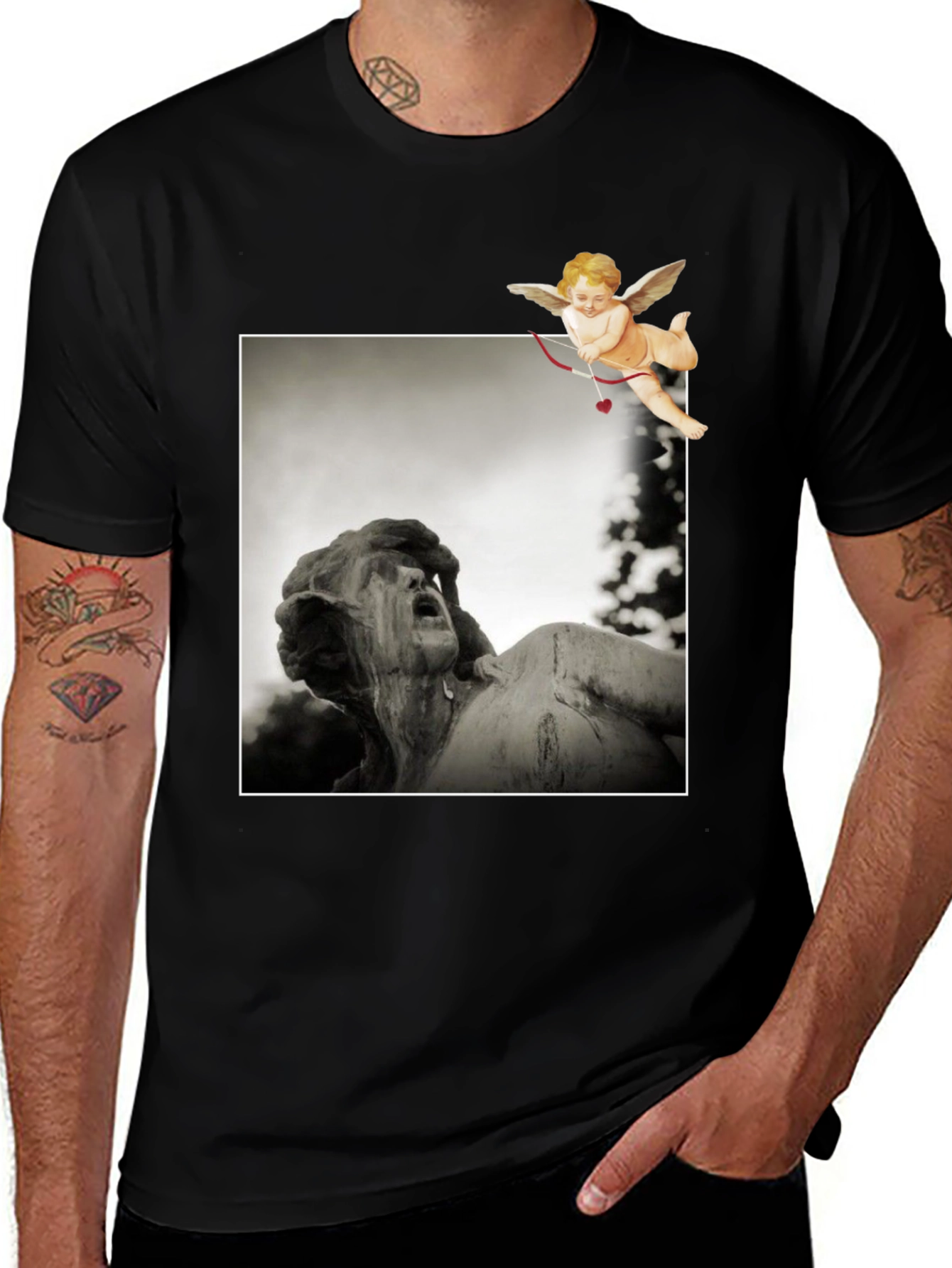 Variant 30 of Statue & Cupid Graphic Tee - Artistic Black T-Shirt
