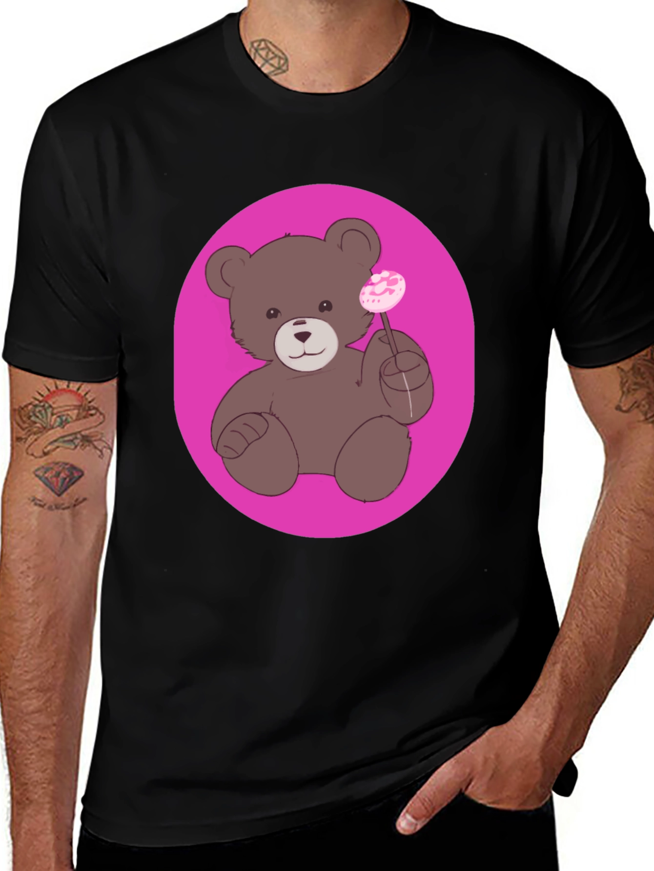 Black Cute Teddy Bear Lollipop Graphic Tee - Unisex main image
