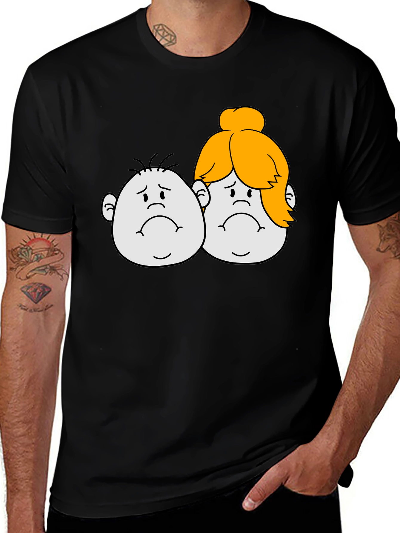 Sad Cartoon Couple Black T-Shirt