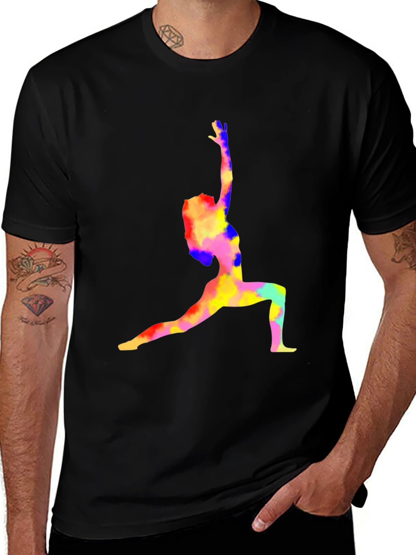 Variant 19 of Yoga Pose Graphic Tee - Colorful Design on Black Cotton