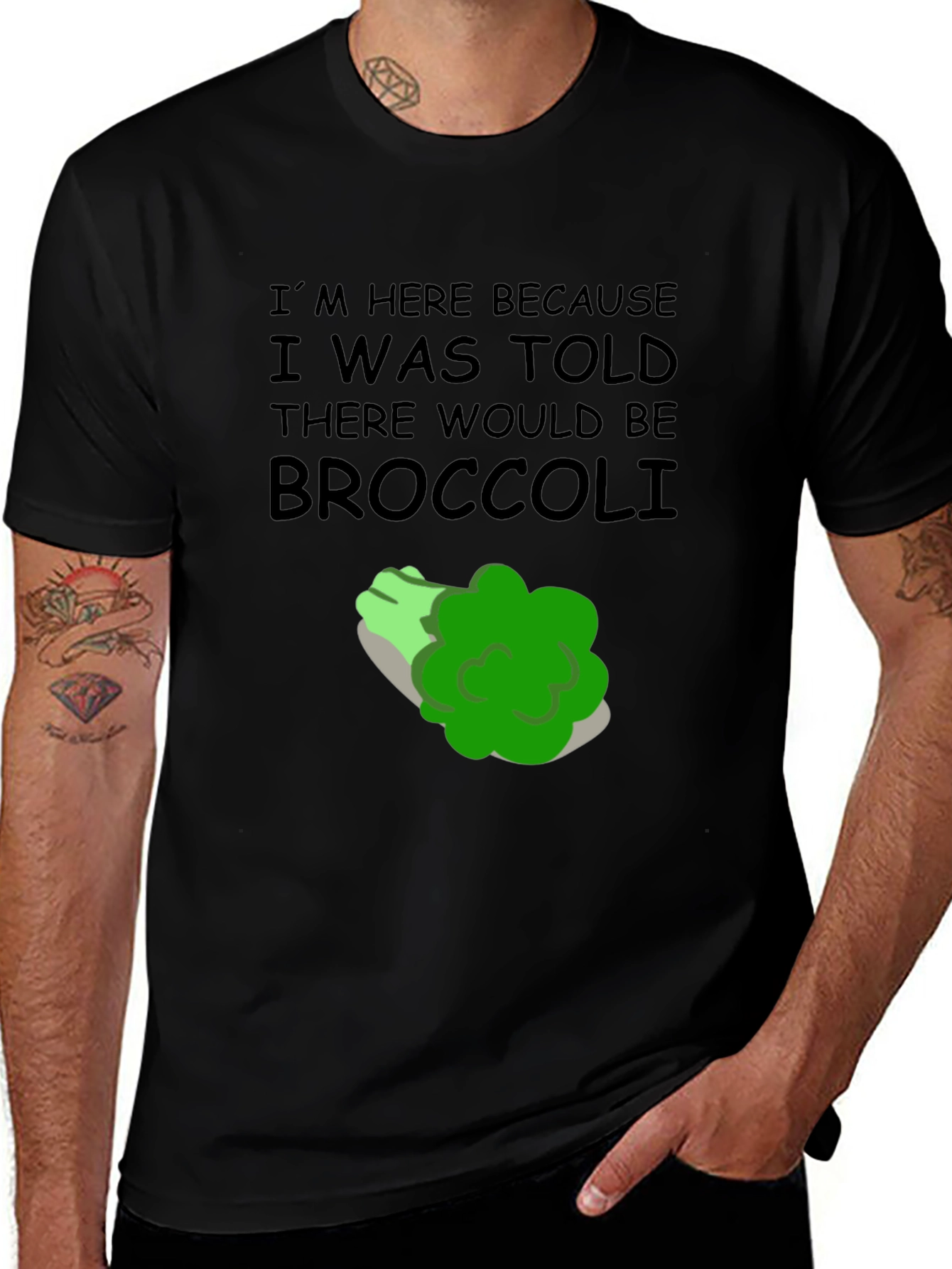 Black Broccoli T-Shirt: I'm Here Because Broccoli Humor main image