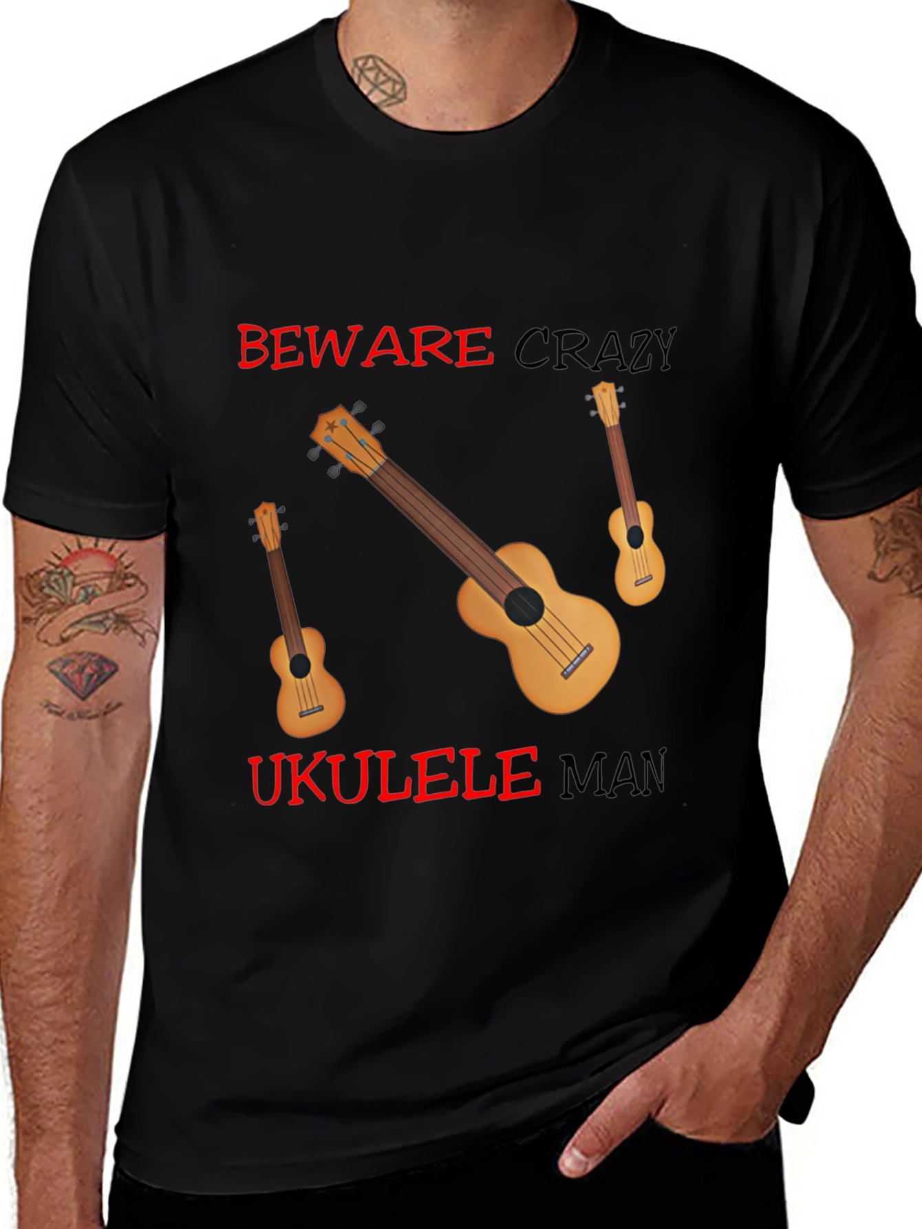 Variant 30 of Beware Crazy Ukulele Man Black Graphic Tee