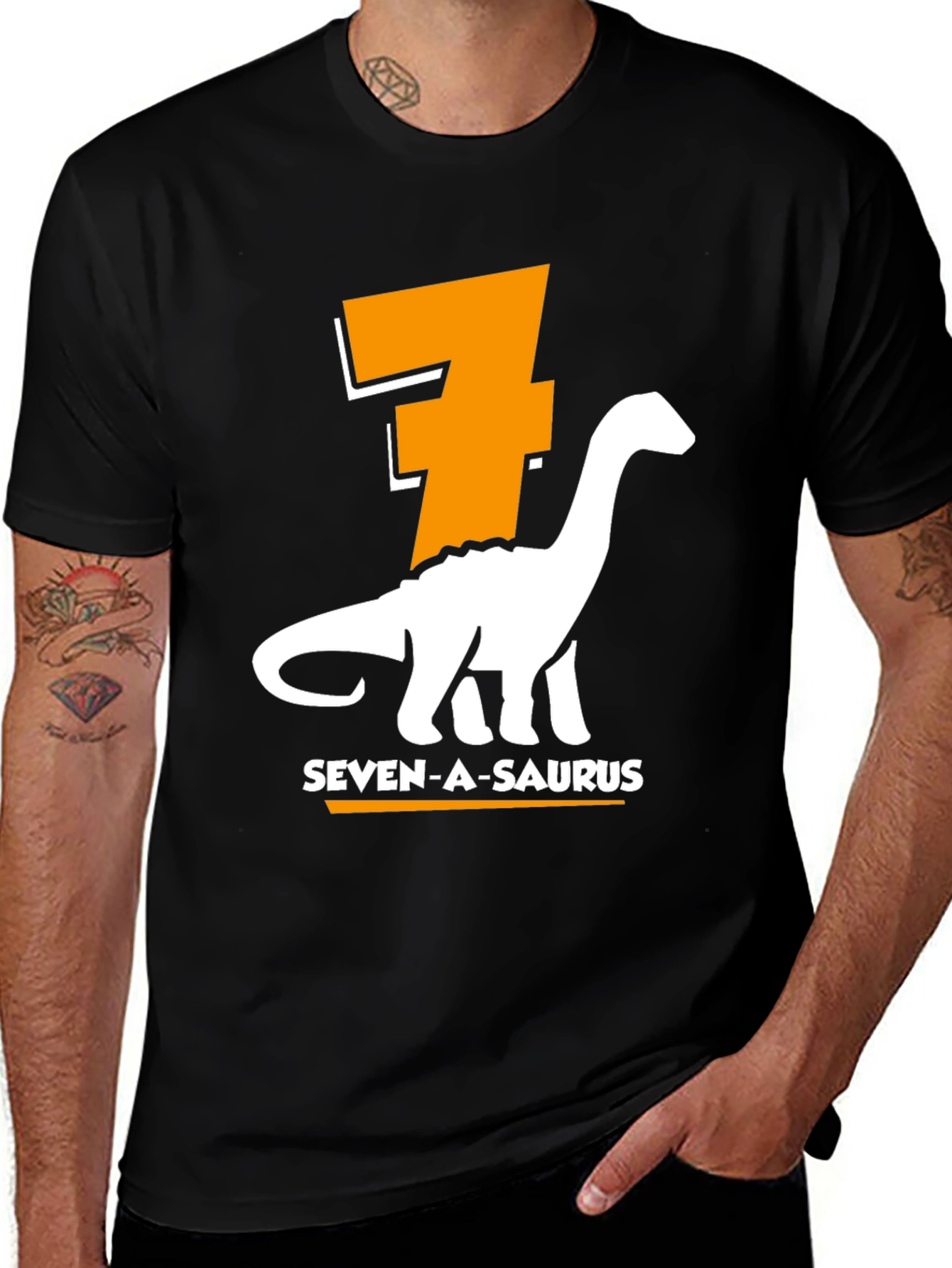 Variant 7 of Seven-A-Saurus Birthday T-Shirt - Black Cotton Tee