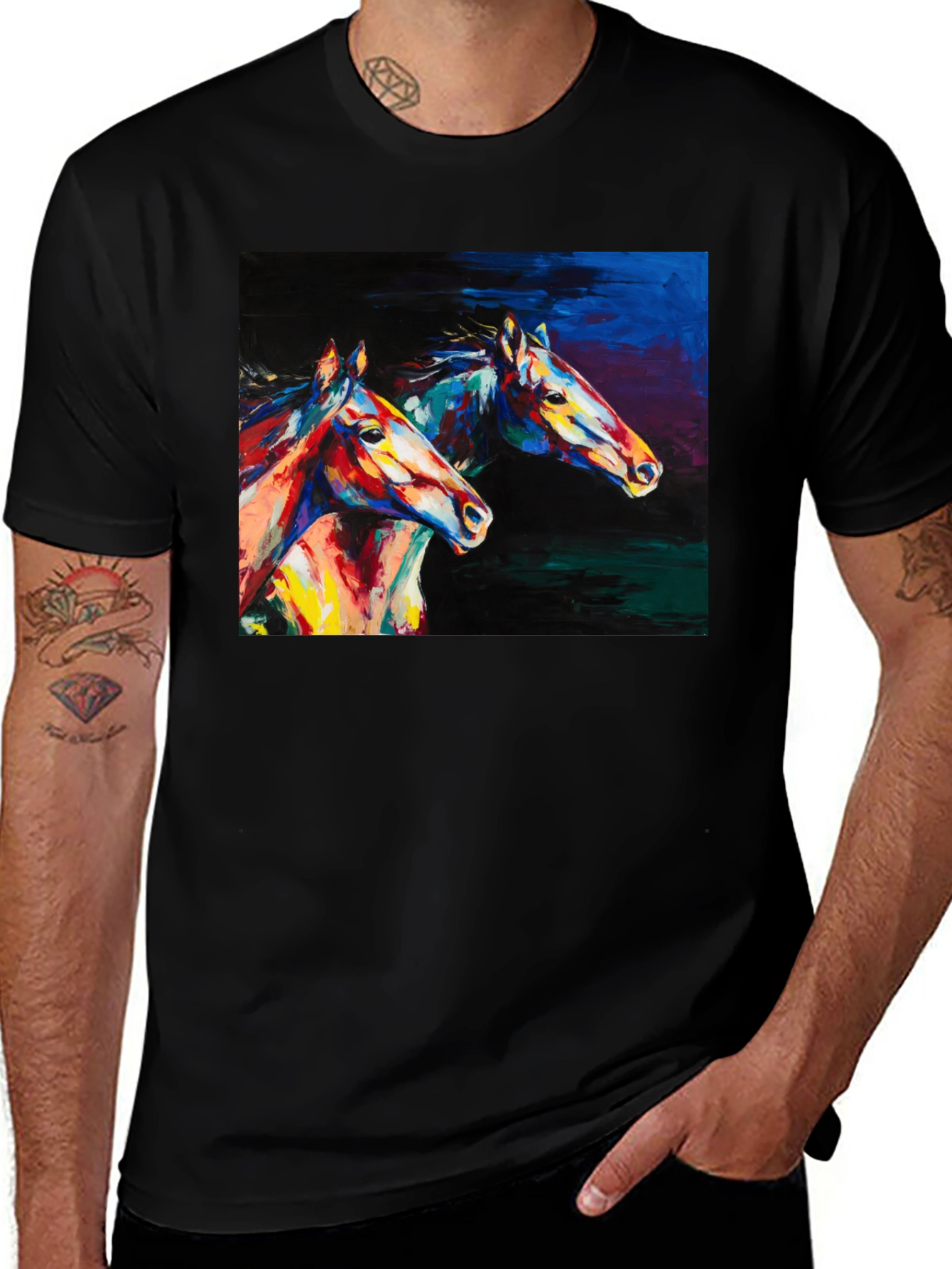 Variant 4 of Colorful Horse Art Print Black Crew Neck T-Shirt