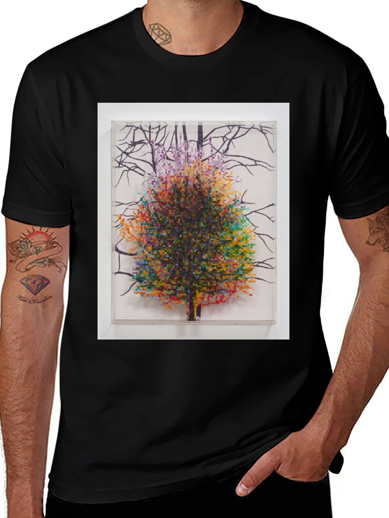 Pixel Tree Art Black T-Shirt, Nature Design Tee