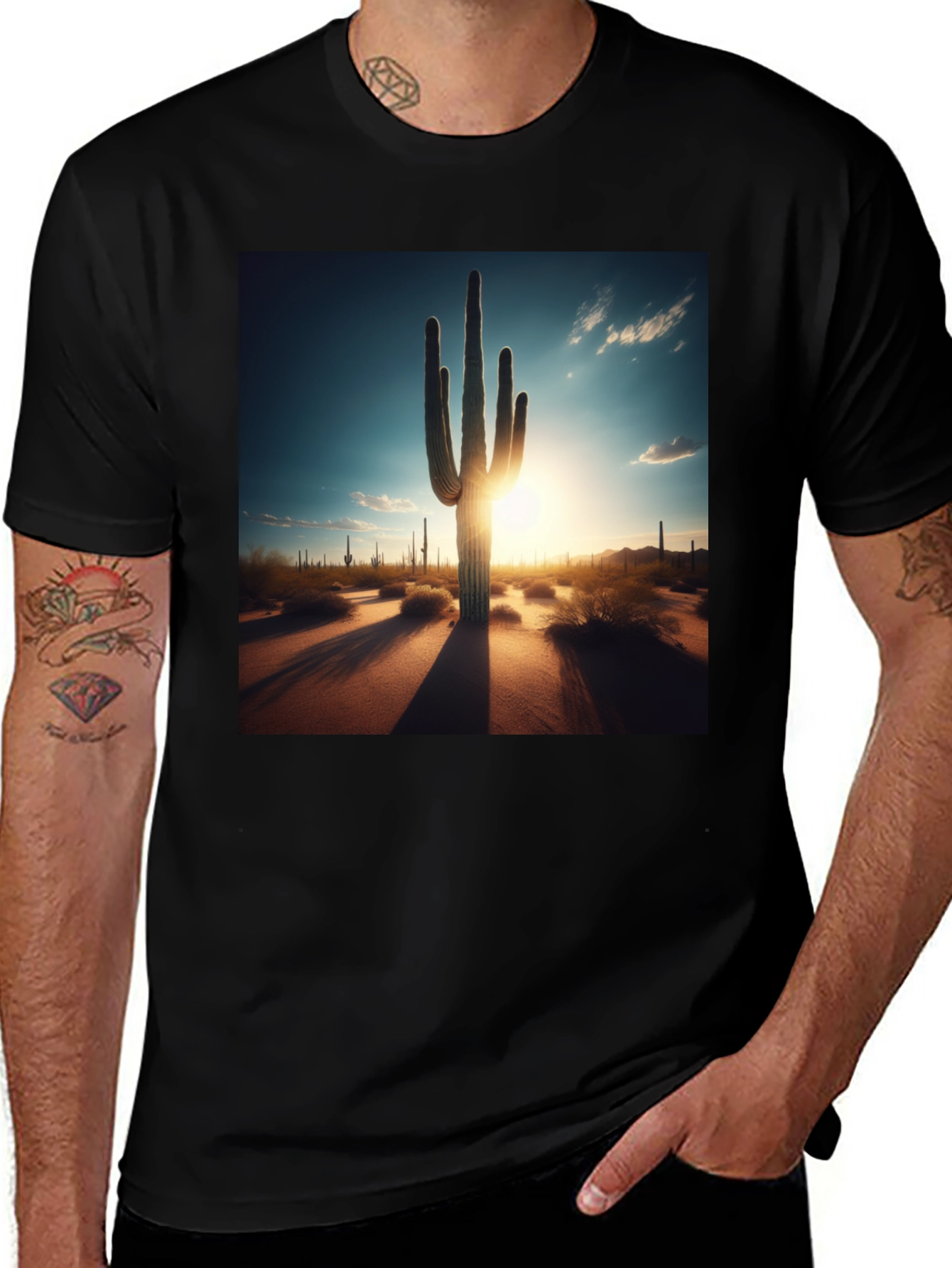 Variant 10 of Desert Sunset Cactus Graphic Tee - Black Cotton T-Shirt