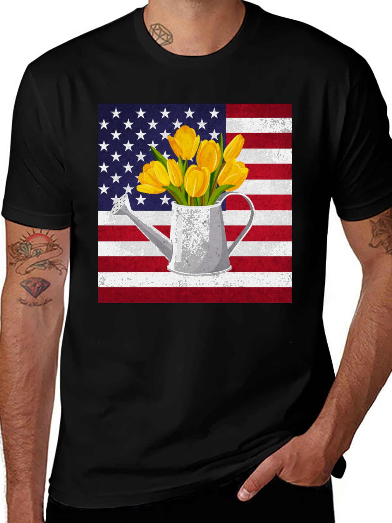 Variant 30 of American Flag Tulips Watering Can Graphic Tee