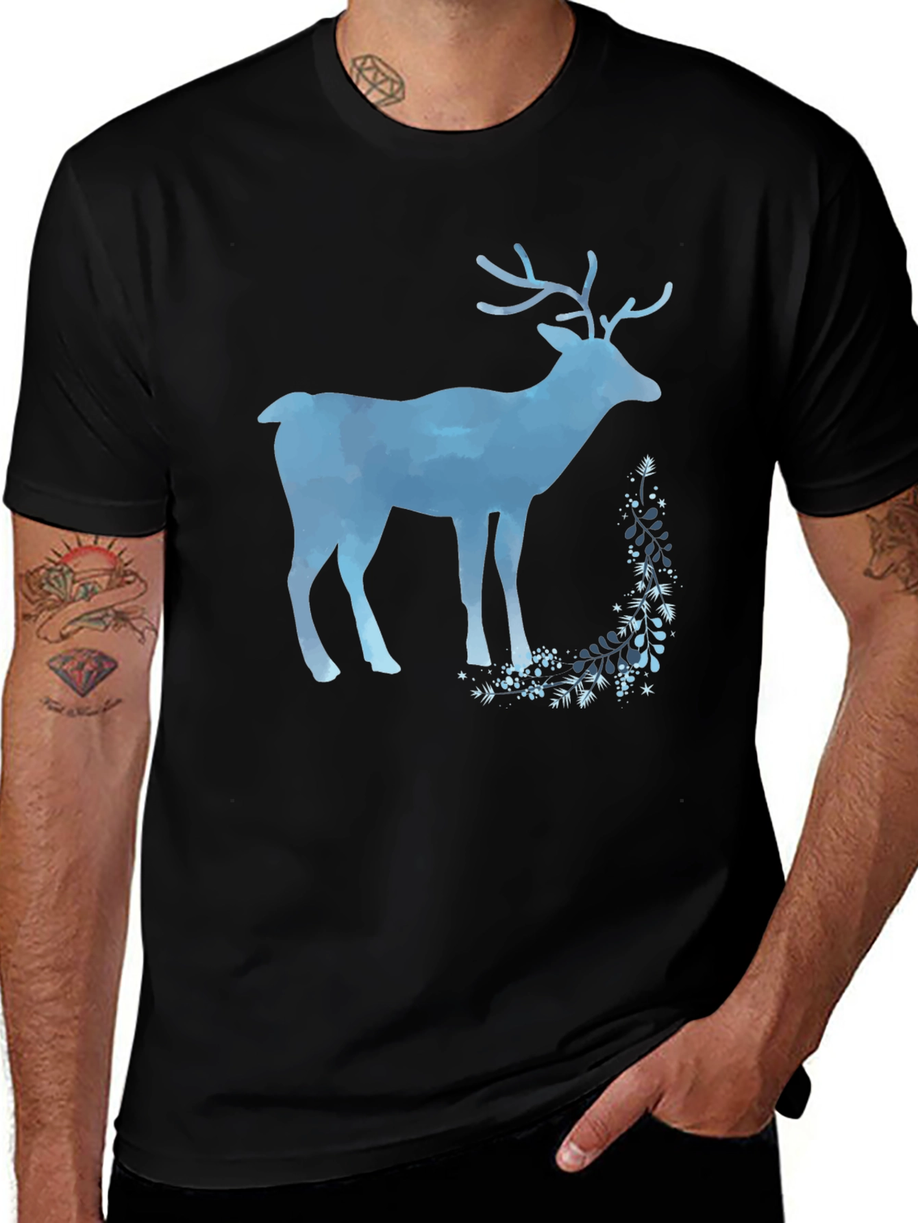 Variant 13 of Blue Watercolor Deer Black T-Shirt