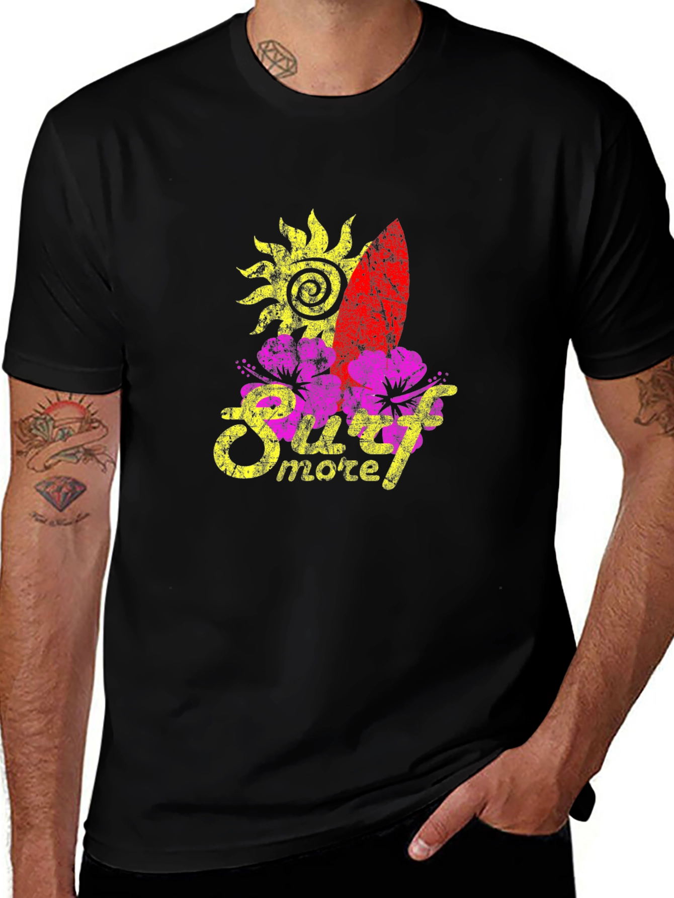 Surf More T-Shirt - Sun, Surfboard, and Floral Design