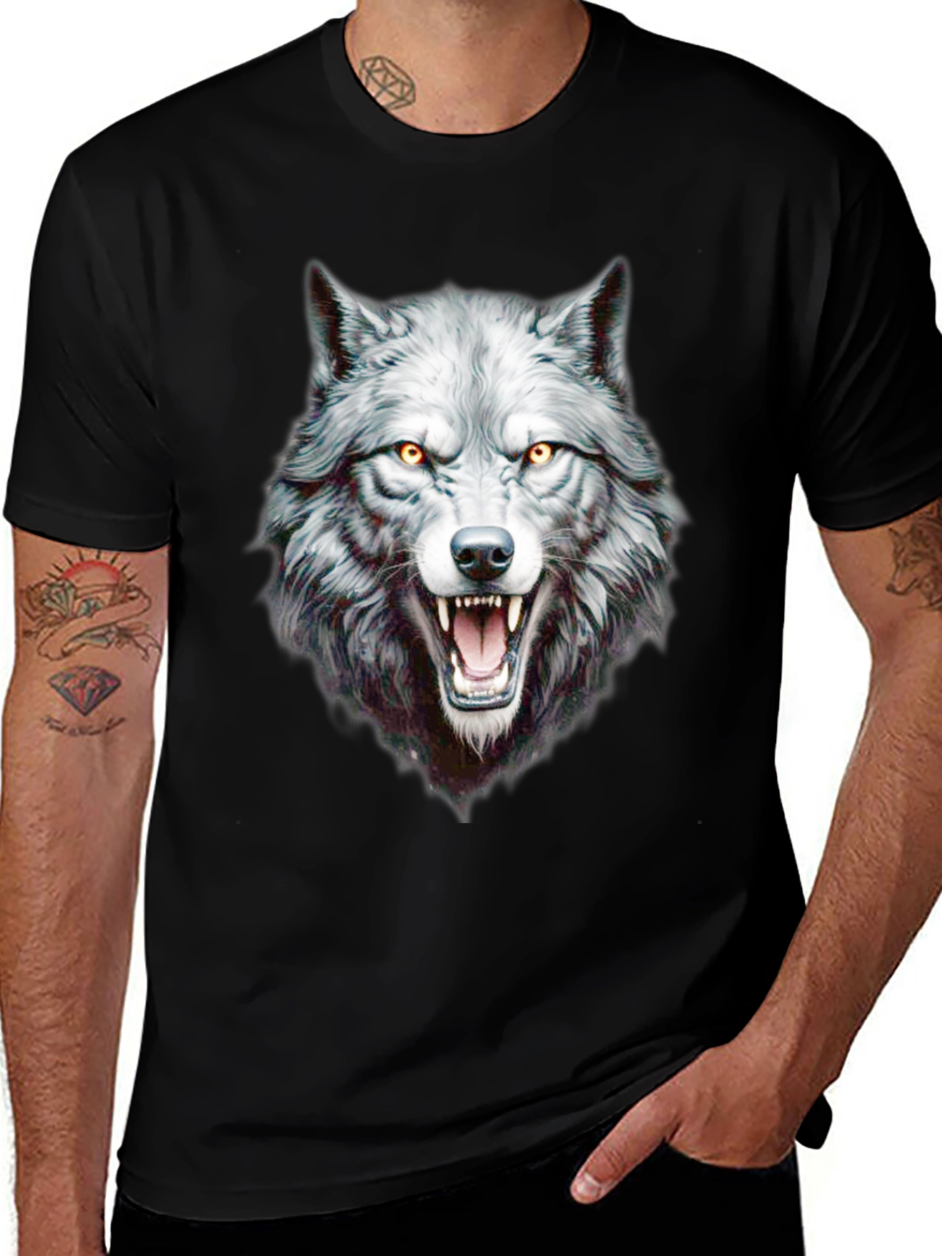Variant 22 of Wolf Graphic Print Crew Neck Black T-Shirt
