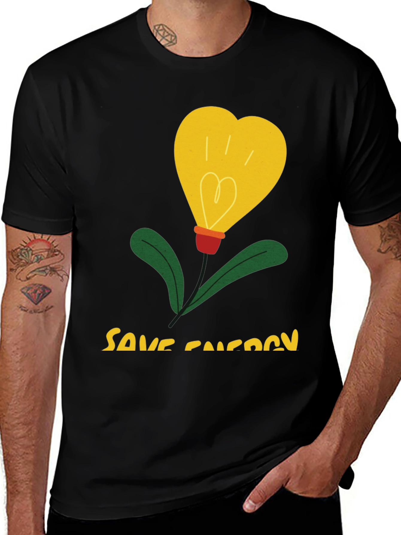 Save Energy T-Shirt Heart Bulb Black Cotton Tee