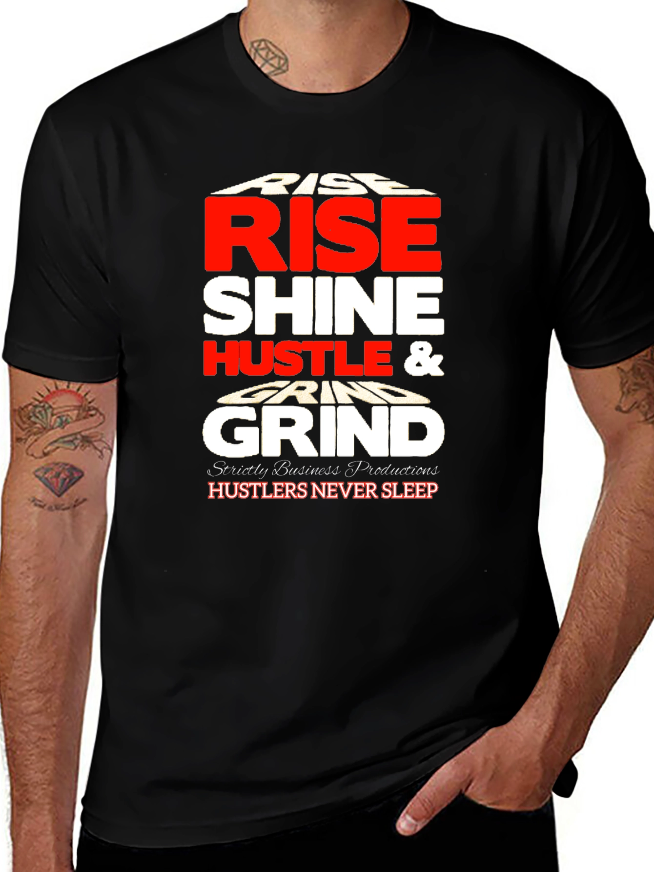 Black Rise Shine Hustle Grind Black Graphic Tee main image