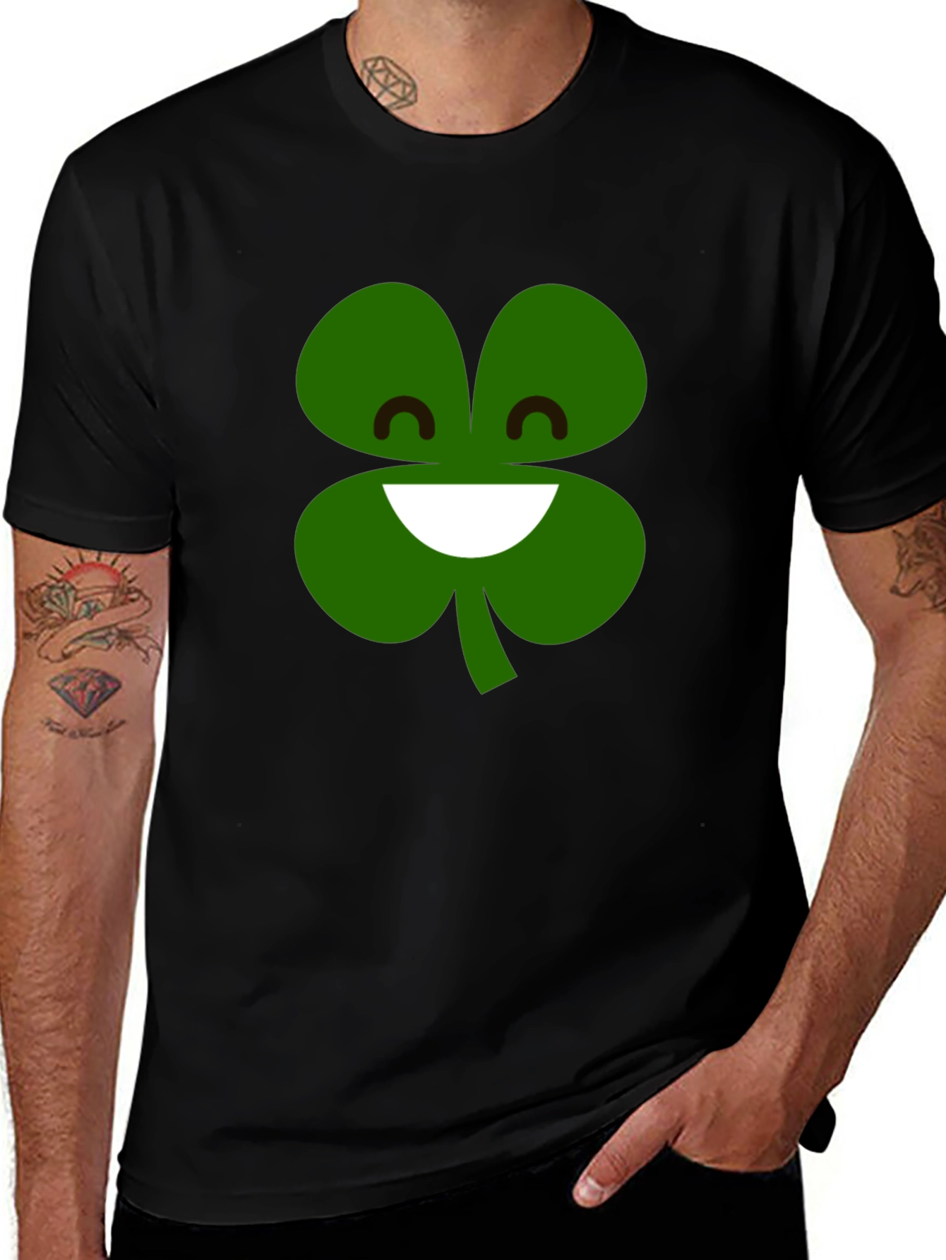 Lucky Clover Smiling Face T-Shirt - Black