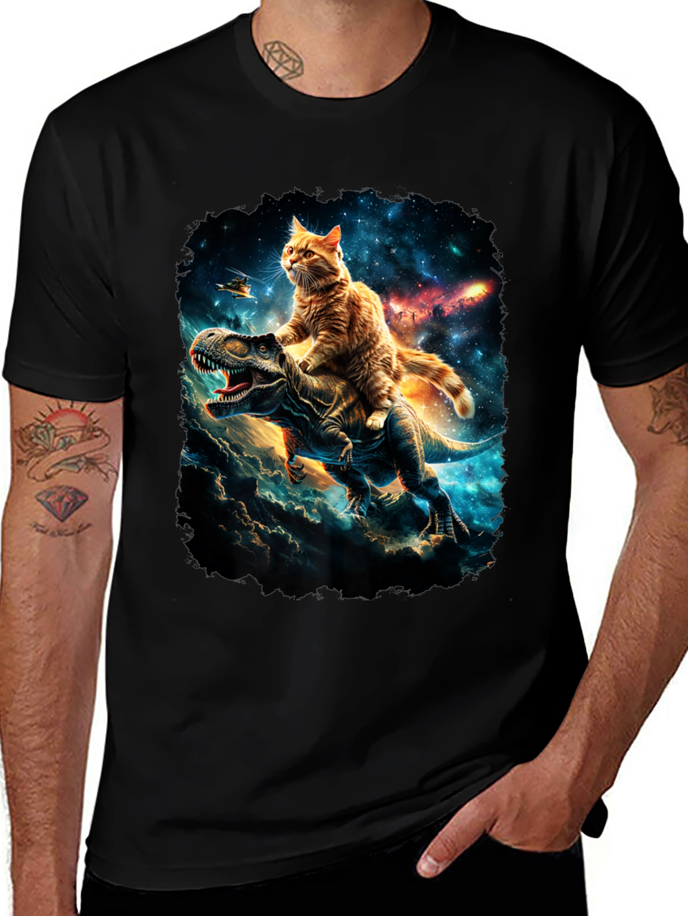 Variant 23 of Cat Riding Dinosaur T-Shirt, Galaxy Design