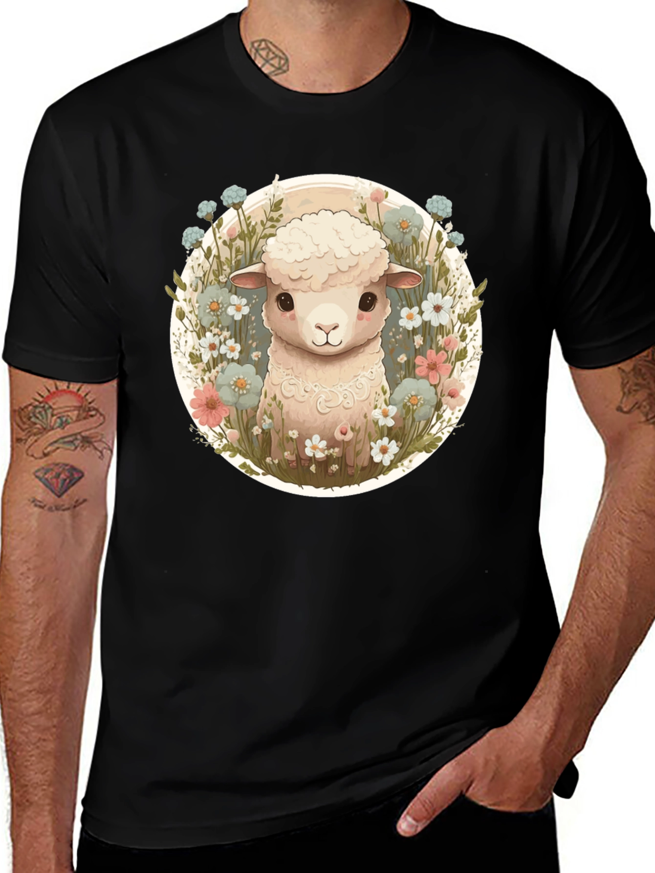 Cute Lamb & Flower Graphic Tee