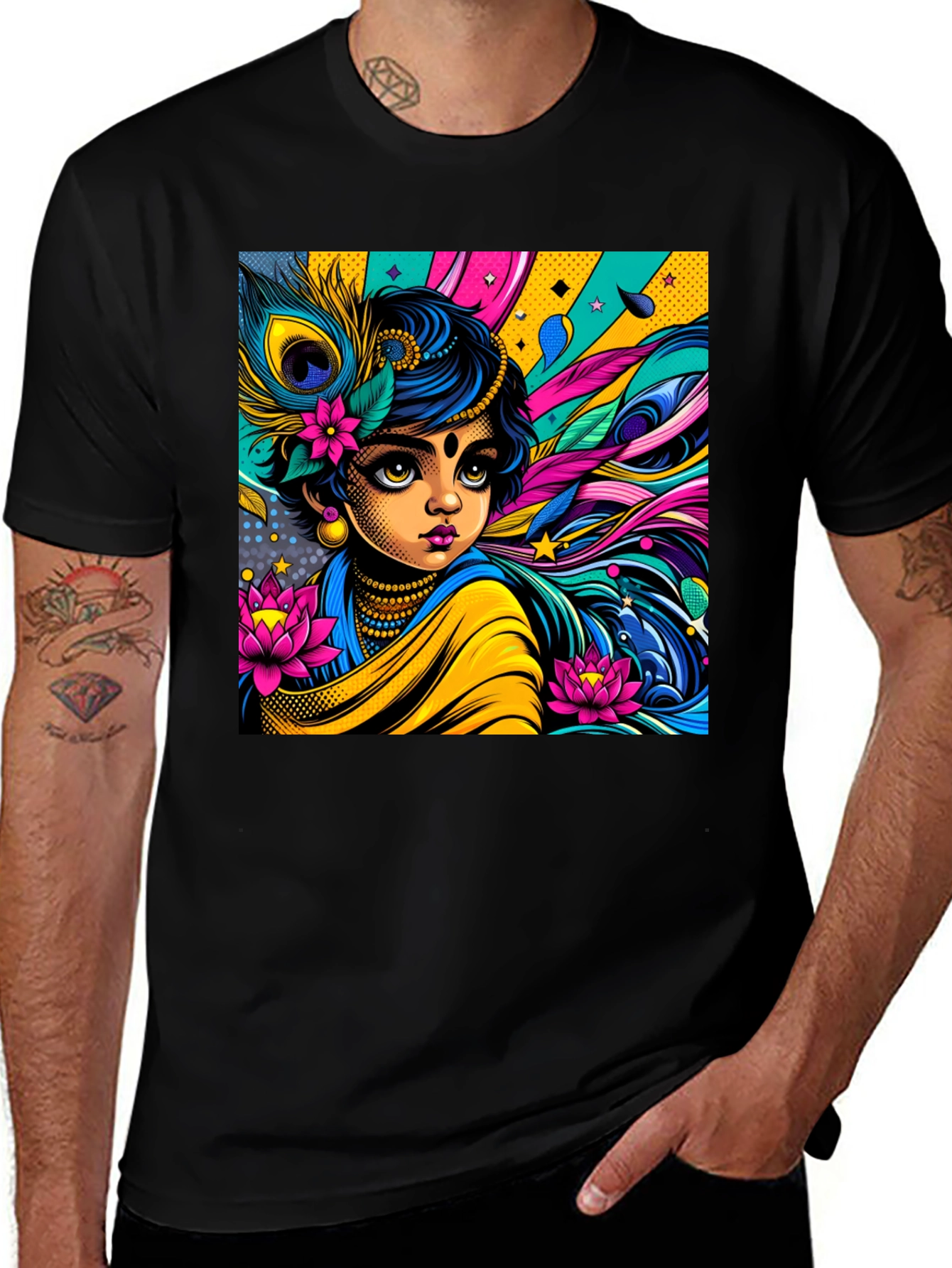 Variant 3 of Colorful Krishna Graphic Print Black Tee