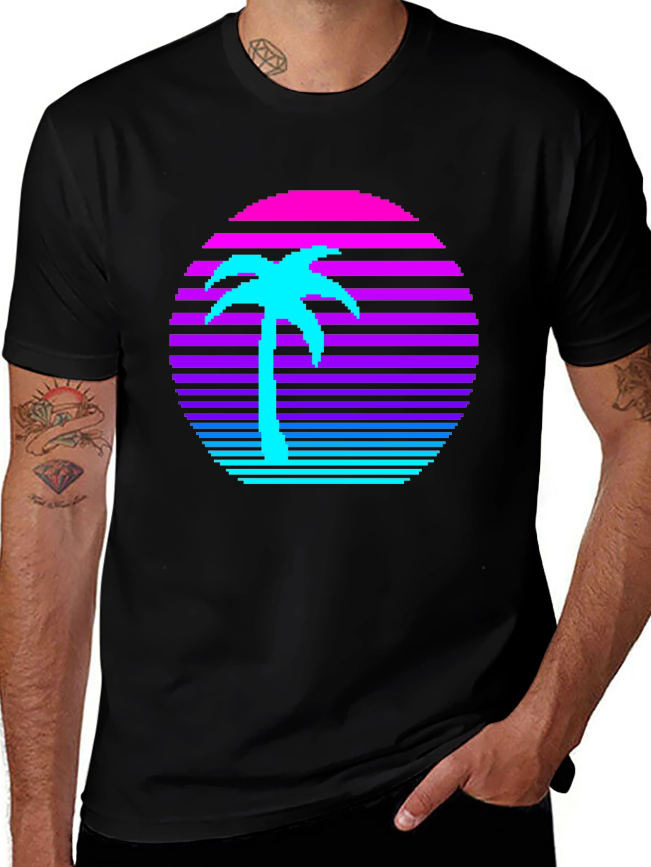 Variant 8 of Retro Pixel Palm Tree Graphic Tee - Black
