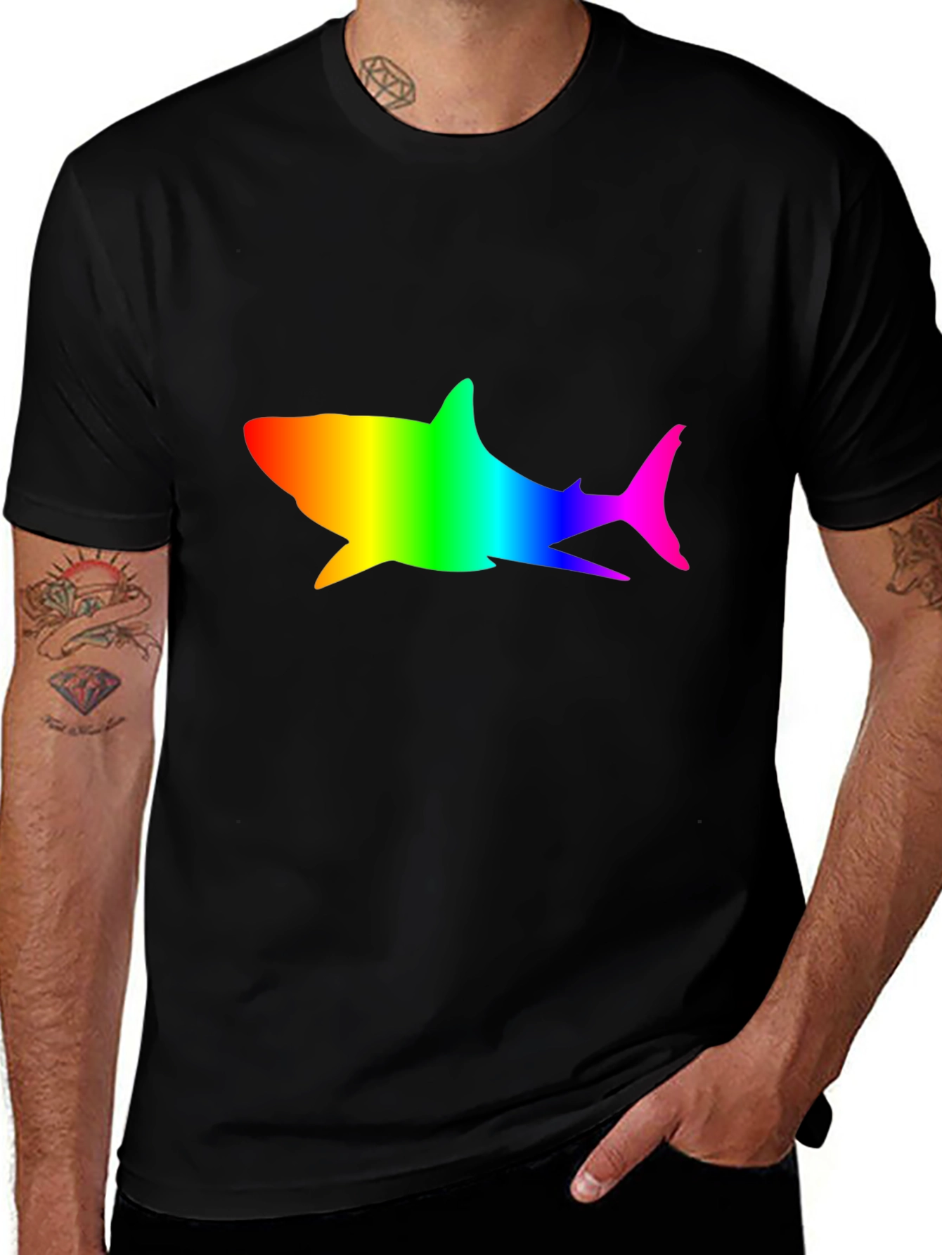 Variant 5 of Rainbow Shark Graphic Tee - Black Cotton T-Shirt