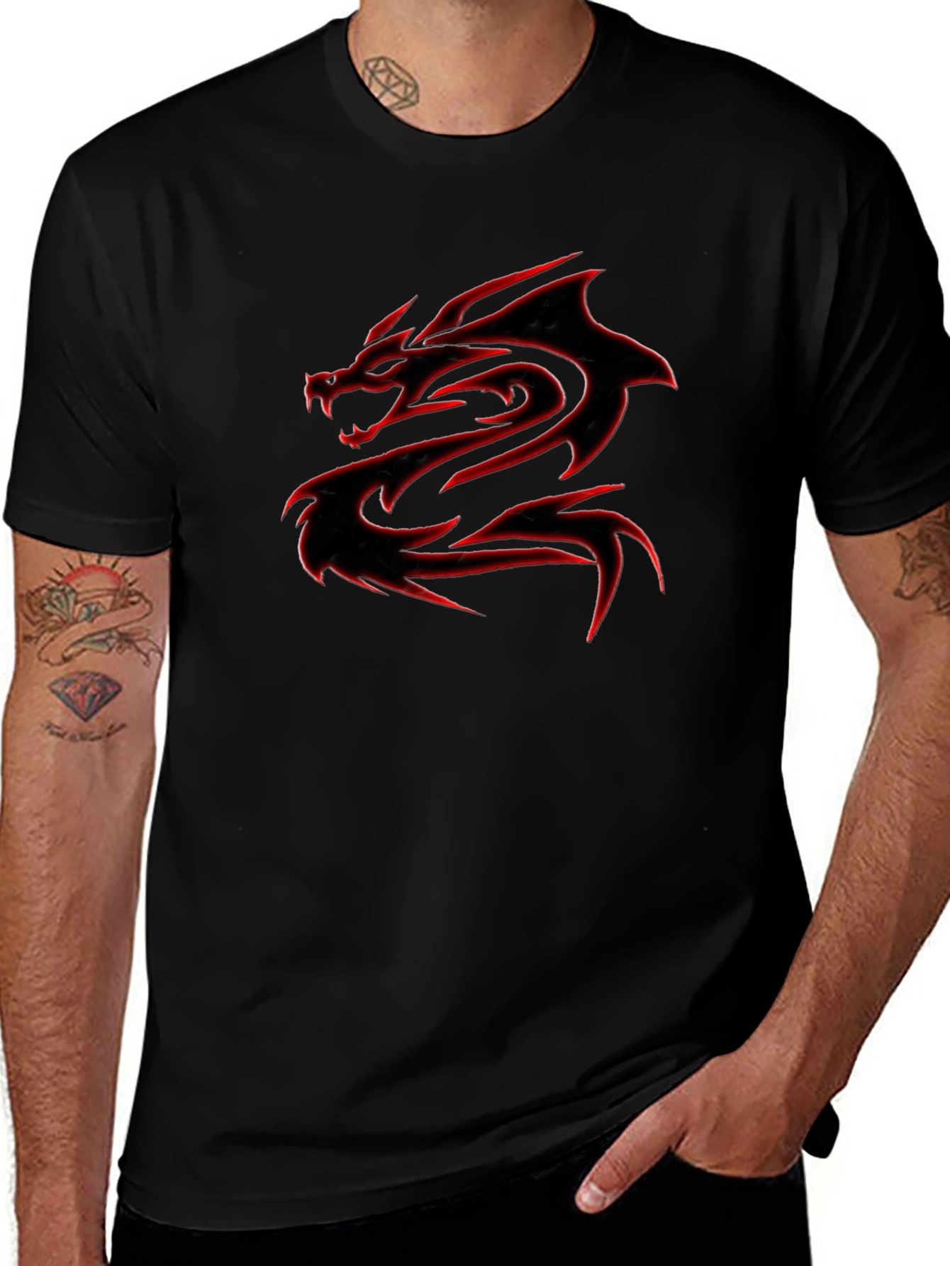 Black T-Shirt with Red Dragon Graphic