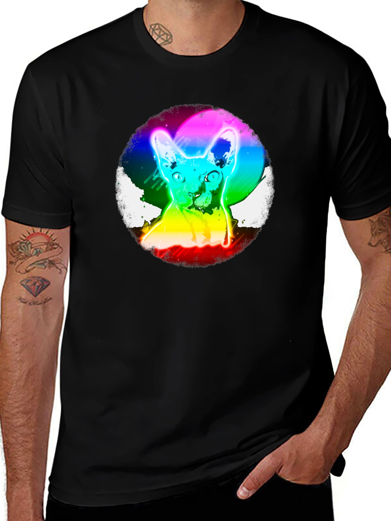 Variant 12 of Rainbow Cat Graphic Tee - Men's Black T-Shirt