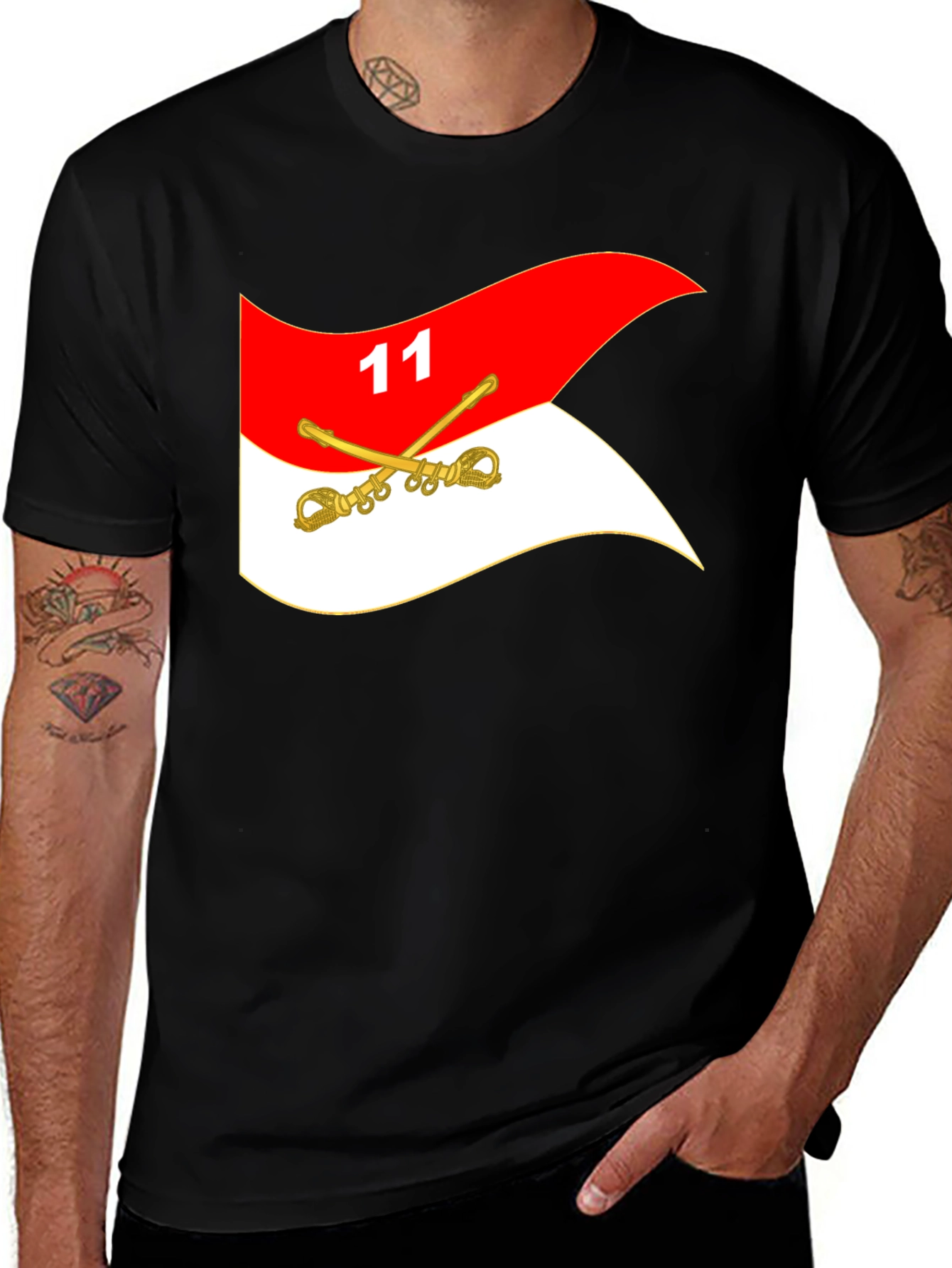Variant 15 of Black T-Shirt with Cavalry Flag Design