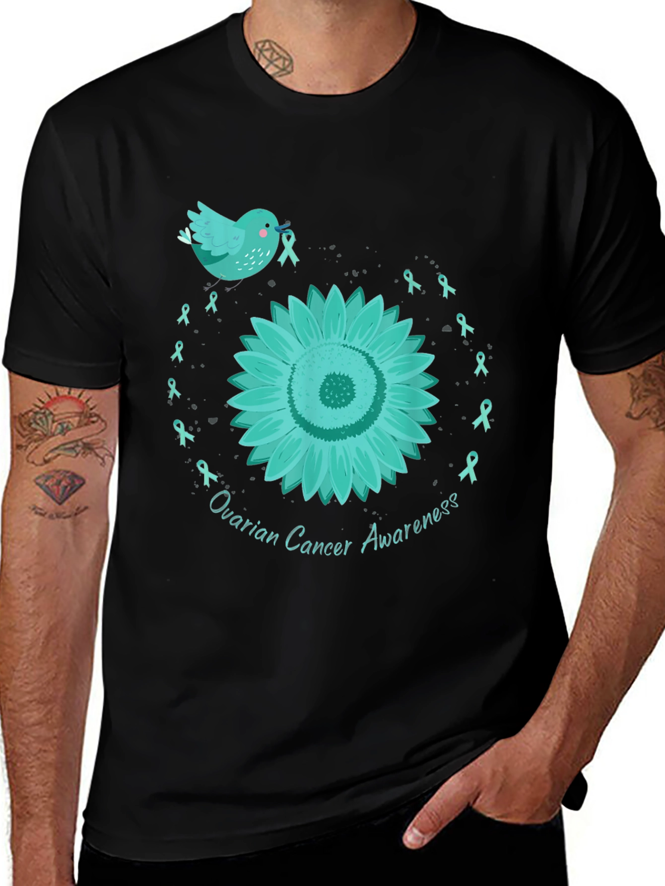 Ovarian Cancer Awareness T-Shirt with Teal Ribbon Sunflower