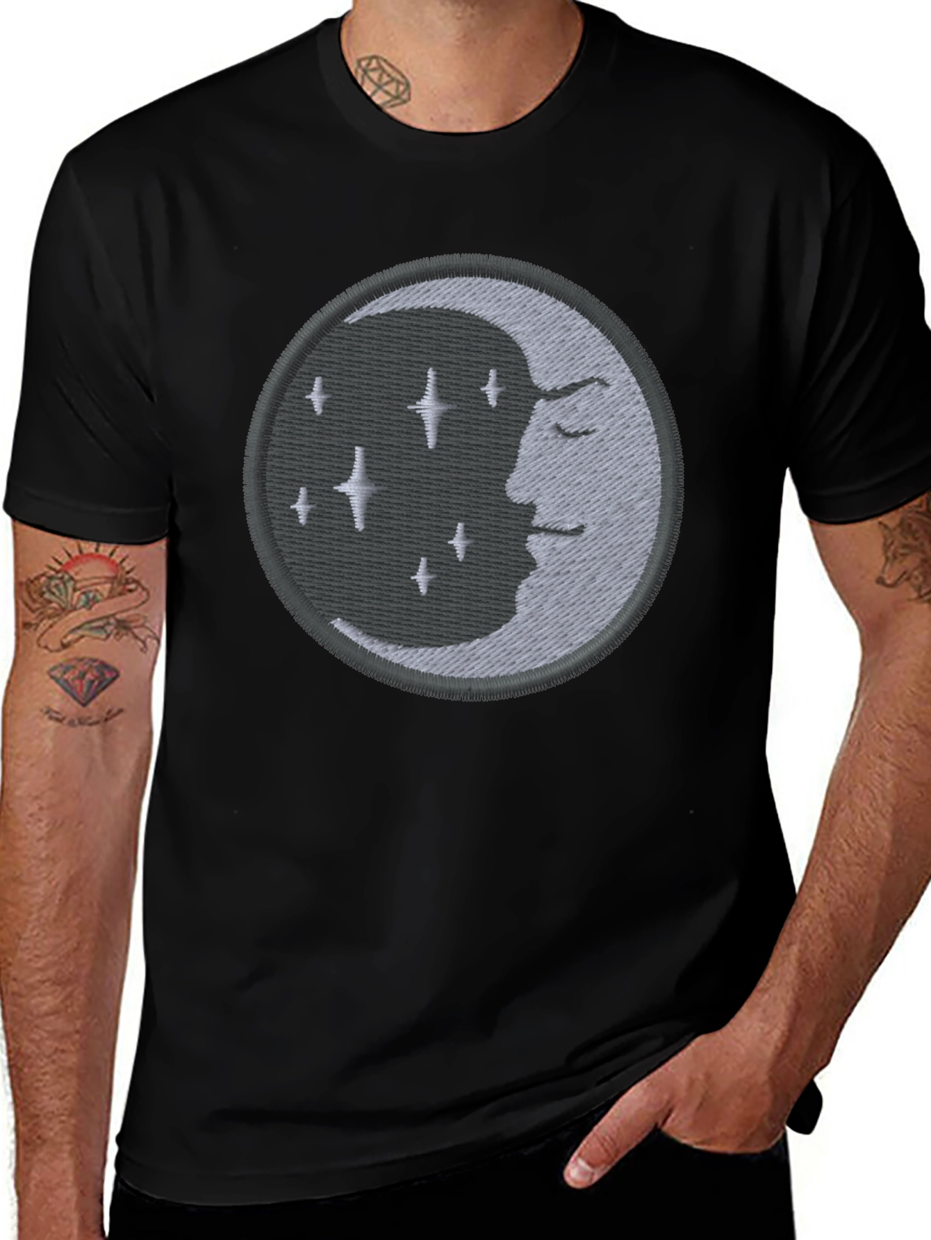 Variant 26 of Celestial Moon Embroidered Black T-Shirt