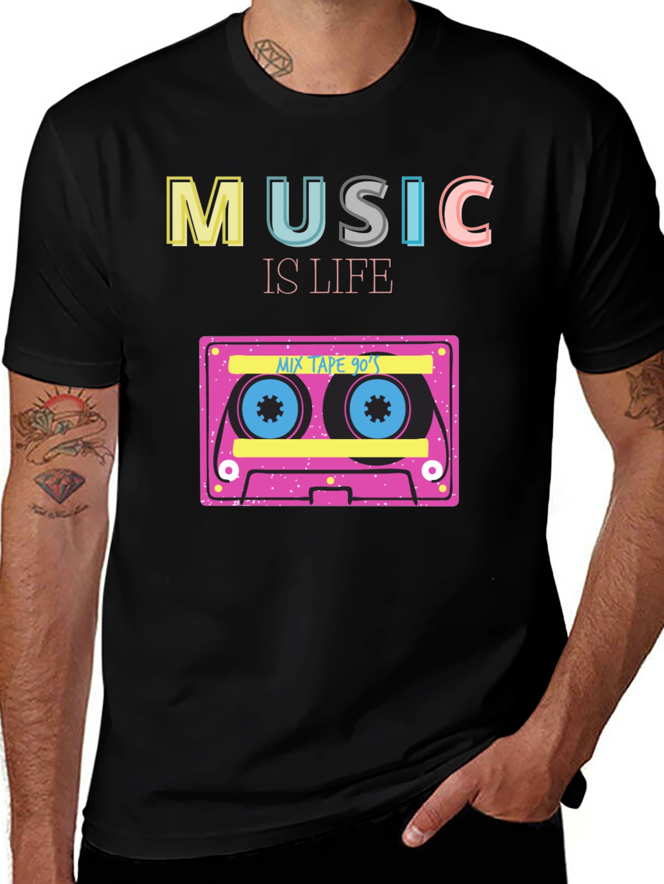 Music is Life 90's Mix Tape Black T-Shirt
